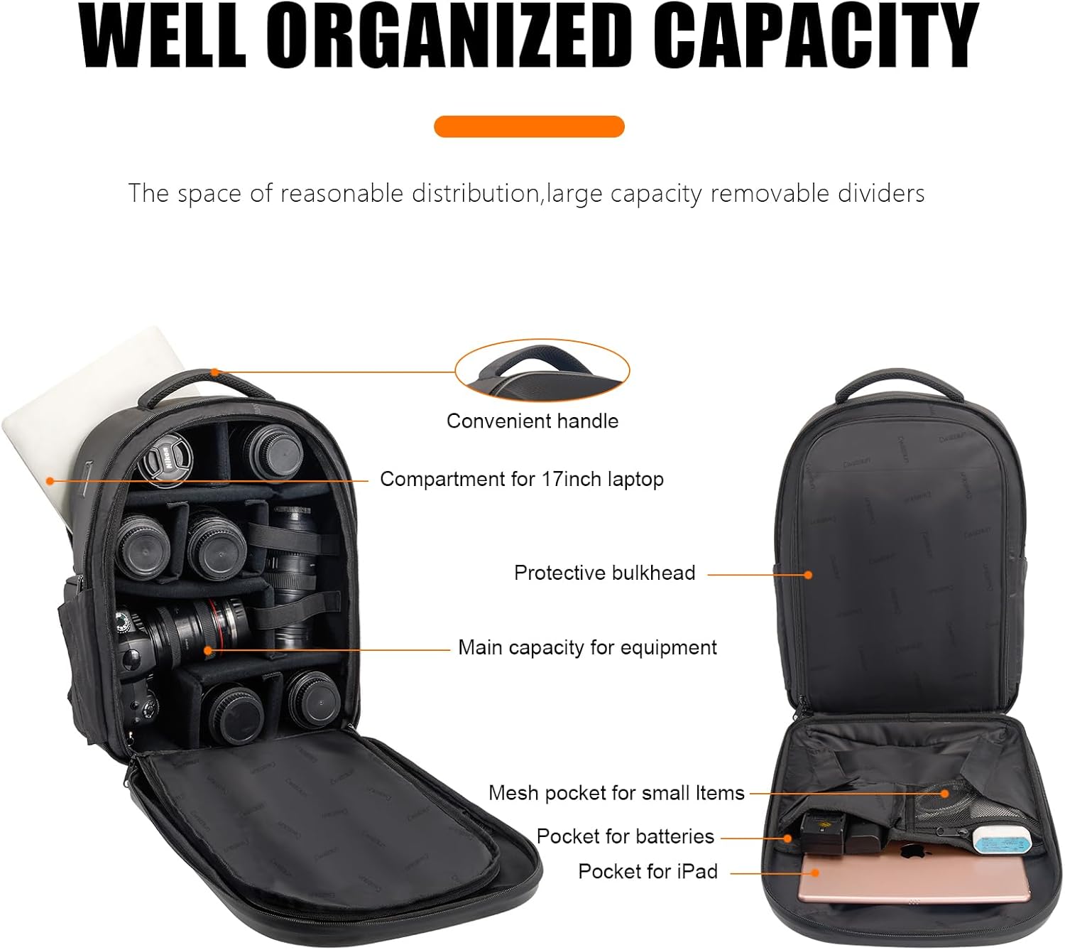 Cwatcun Hardshell Camera Backpack, Professional Camera Bag for Photography, 15.6" Laptop Compartment, Tripod holder, Outdoor Travel Camera Case for Canon Nikon Sony DSLR SLR Mirrorless Camera & Lenses - Image 2