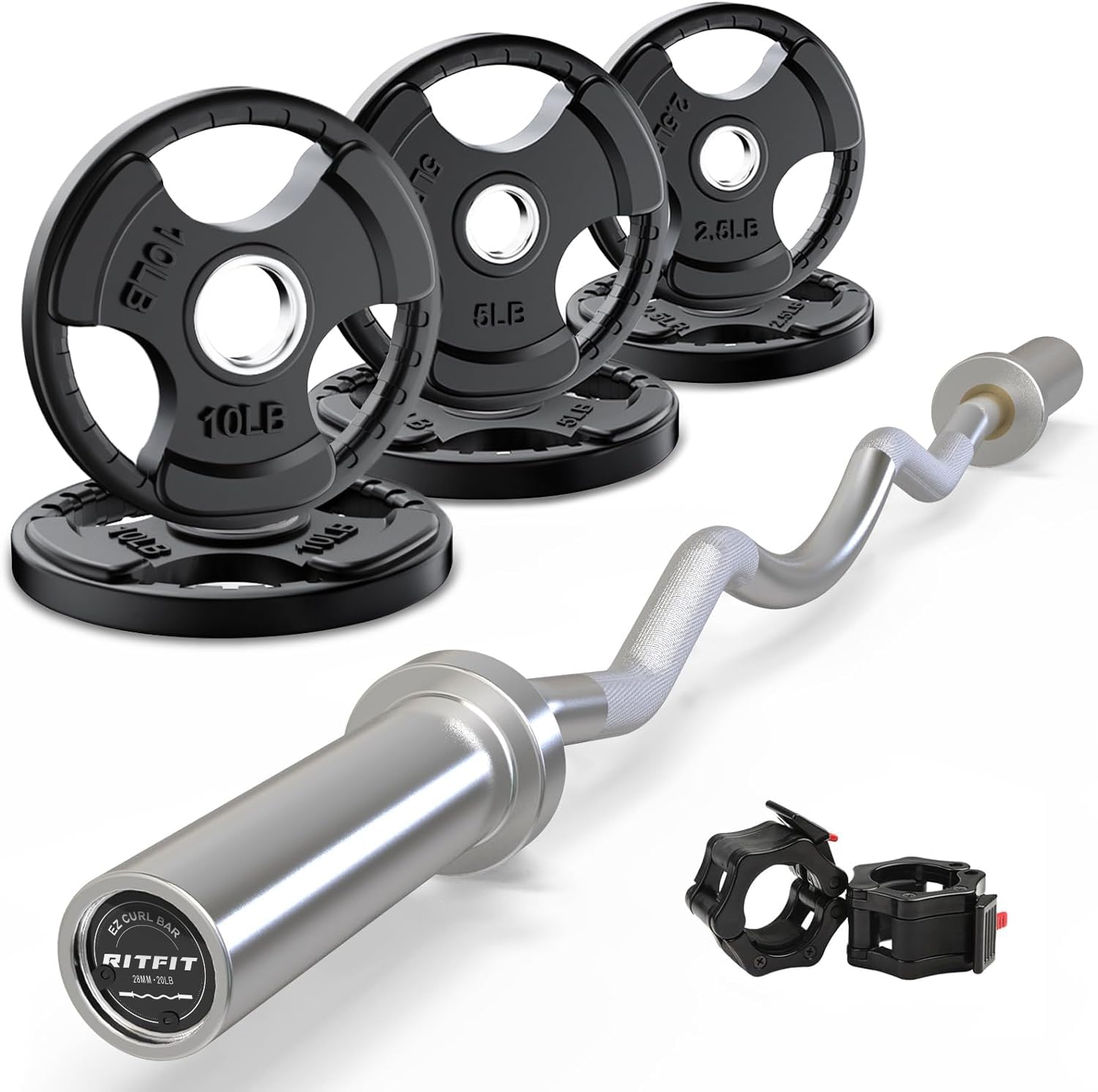 RitFit 2 Inch EZ Curl Bar with Weights, 700LBS Weight Capacity Olympic Curl Barbell for Bicep, Tricep and Weight Lifting Exercises (Silver(with 35LB Weights))