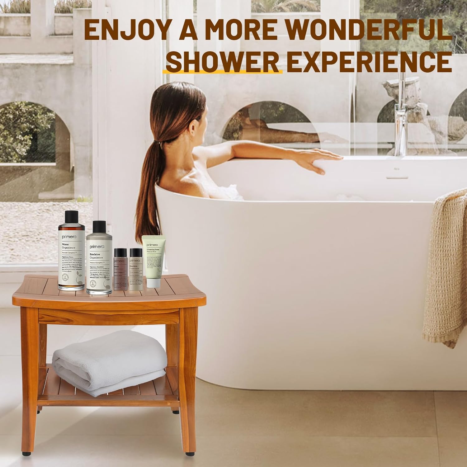 20 Premium Teak Shower Bench with Shelf & Handle, Solid Teak Shower Stool, Durable Wooden Waterproof Seat for Inside Shower, Teak Wood Bench for Bathroom, Indoor & Outdoor Use