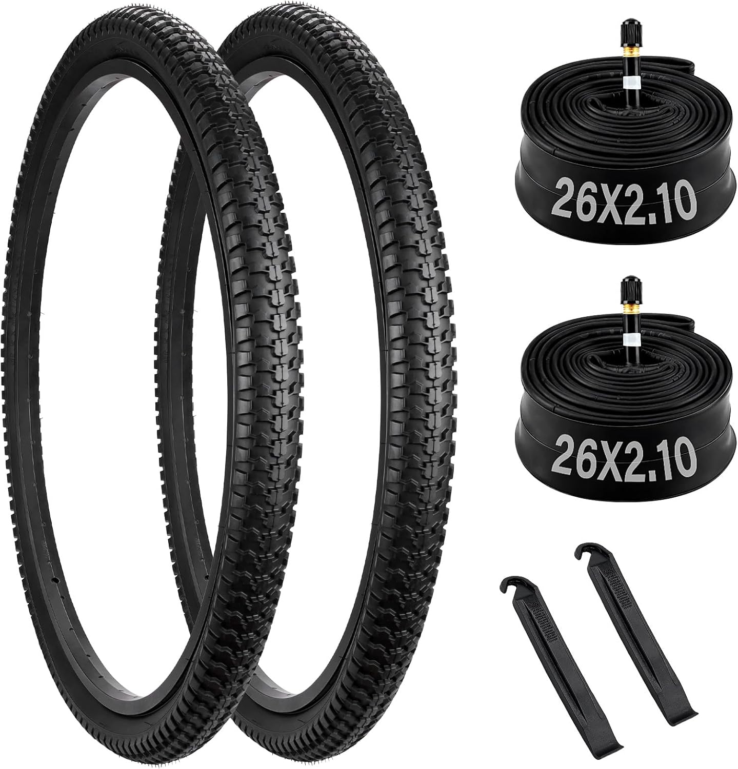 2 Pack 26x2.10 Mountain Bike Tires, 26x2.10 Bike Tire and Tube with Schrader Valve, 56-559 26 Inch Folding Replacement Mountain Bicycle Tires with 2 Tire Levers Fit for 26 X 1.95/2.10/2.125