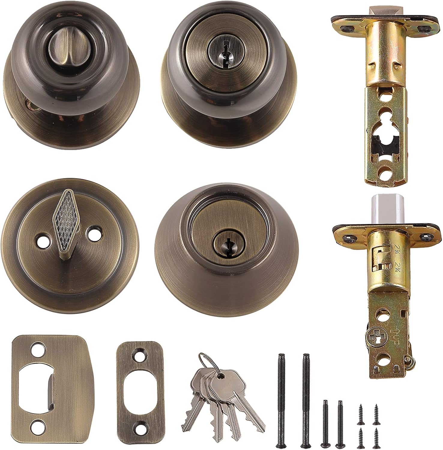 Amazon Basics Exterior Door Knob With Lock and Deadbolt, Coastal, Antique Brass