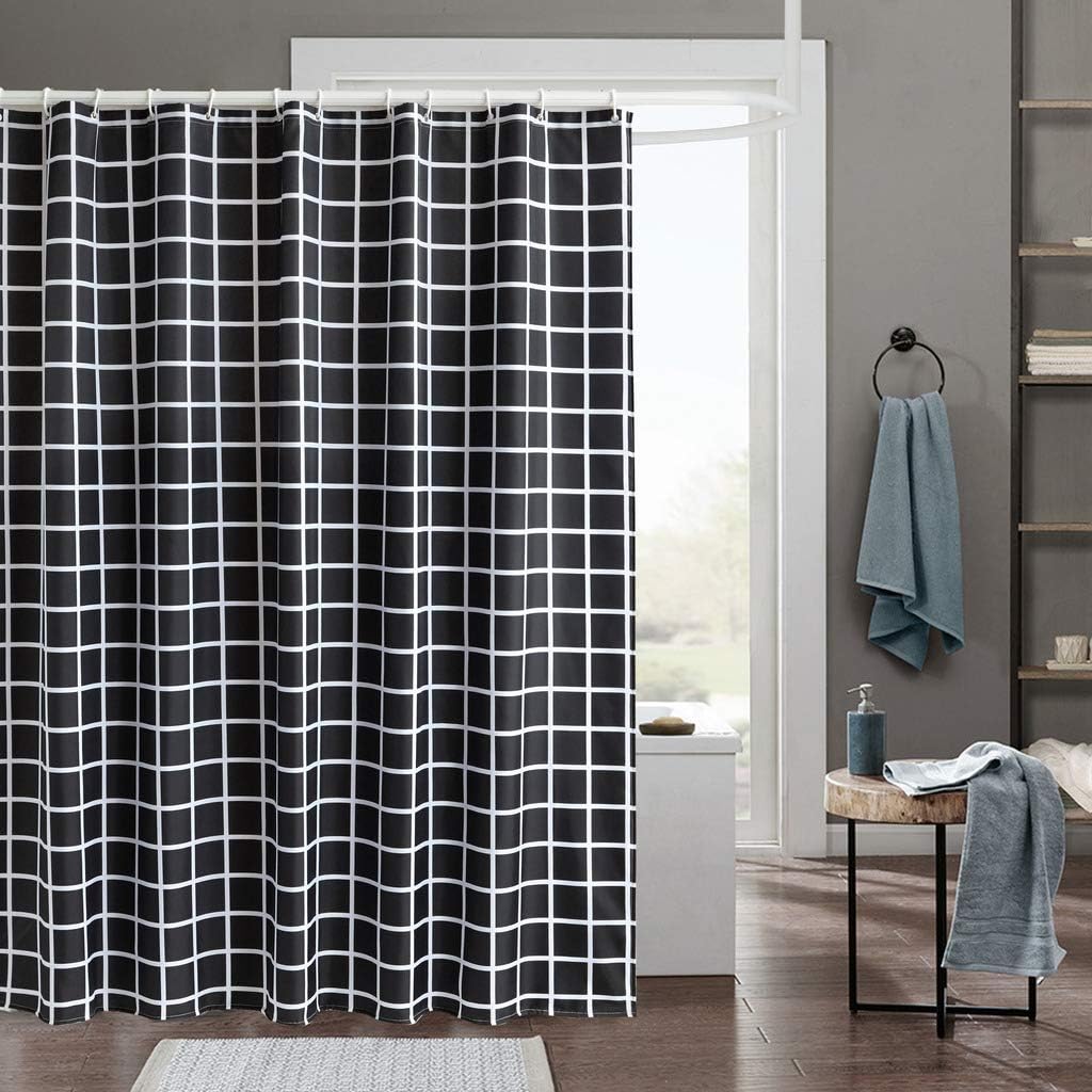 RARVA Washable Waterproof Polyester(Best Hotel Quality Eco Friendly) Liner Set for Bathroom Fabric Shower Curtain with Hooks - 72 x 72 inches, Black White Square Geometric