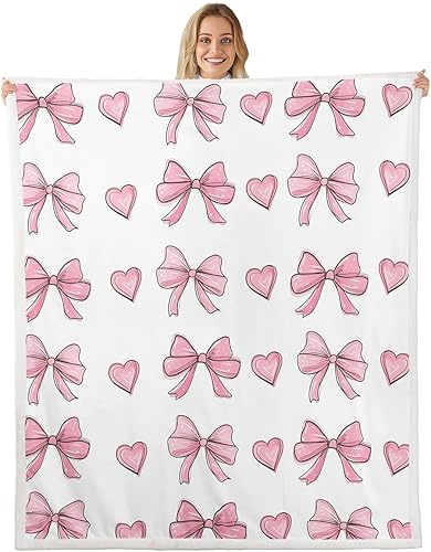 Vista 33 de Manta moderna de franela de vellón con lazo de 40 x 50 pulgadas, estilo princesa, manta mullida para sofá y sofá, con lazos azules y blancos