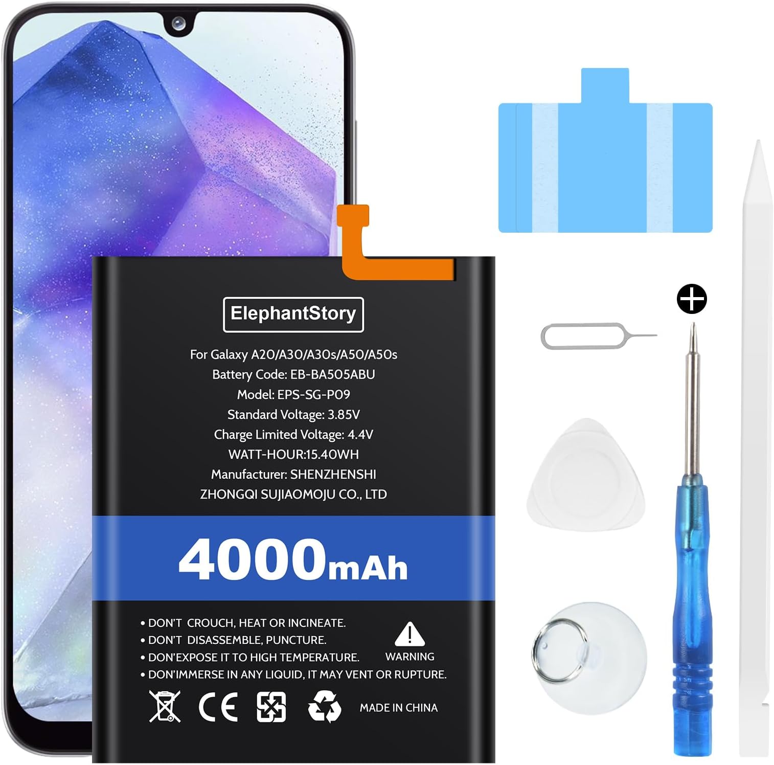 Battery for Samsung Galaxy A50, 4000 mAh New 0 Cycle Model SM-A505U SM-A505U1 SM-A505F with Professional Replacement Repair Kits