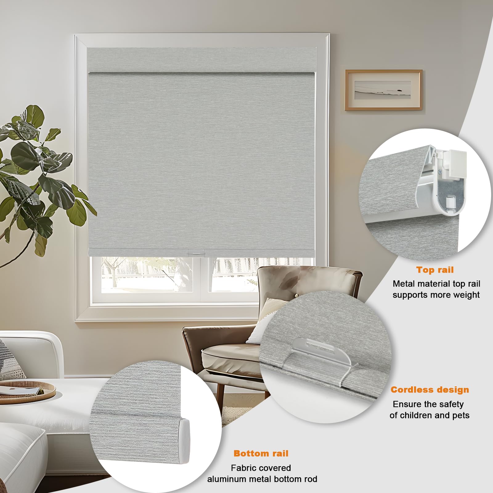 Condition photo showing New/Like New for persilux no drill no tools 100% blackout roller shades for windows,natural linen fabric cordless roller blinds,custom blinds for home,bedroom,living room,grey-blackout,custom size