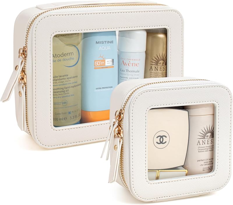 Necessaire organizadora transparente KOTORA em couro sintético branco, com zíper, Pacote com 2