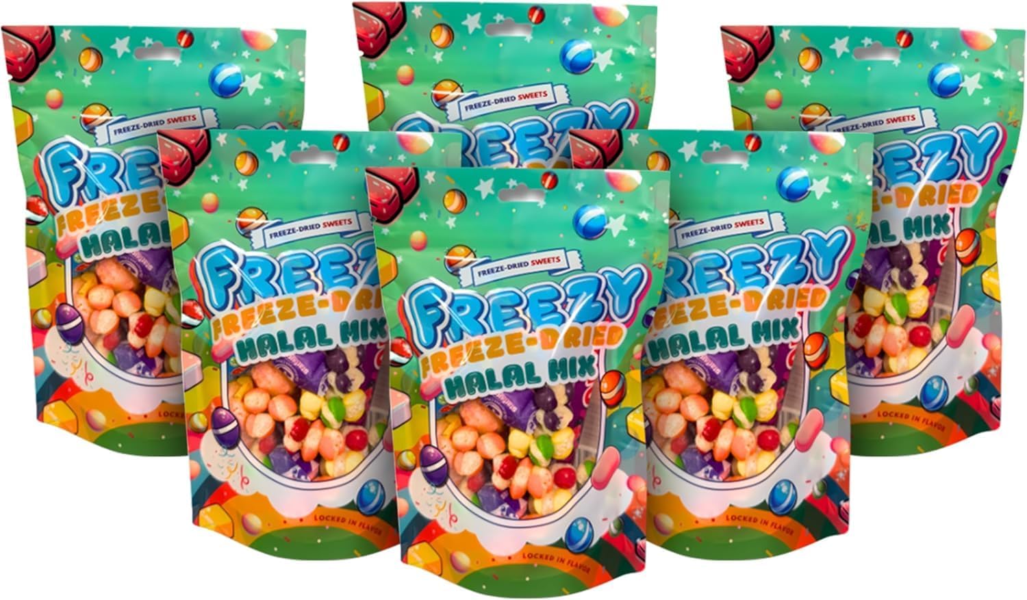 Freezy Freeze Dried Candy Bundle, Halal Mix (Pack of 6) 720 gms, Sour American Sweet, Freezed Dried, Refresher Sweets, Fruit Salad and Vimto Bar