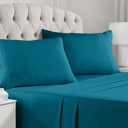 Mellanni California King Sheet Set - 4 Piece Iconic Collection Bedding Sheets & Pillowcases - Extra Soft, Cooling Bed Sheets - Deep Pocket up to 16" - Wrinkle, Fade, Stain Resistant (Cal King, Teal)