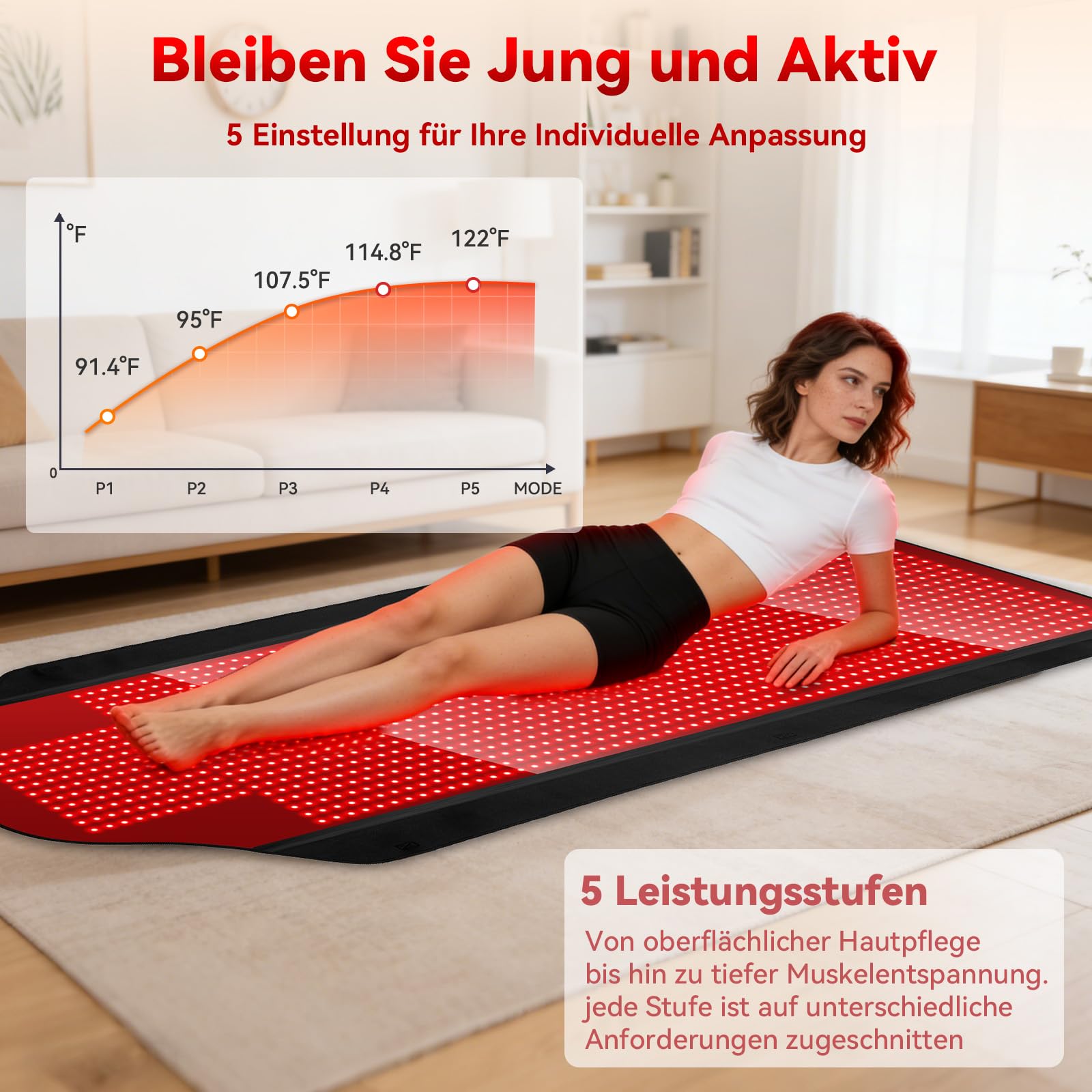 Infrarottherapie & Rotlichttherapie zur Schmerz, 185 * 90cm Infrarot Matte mit 660nm & 850nm 1444 LED Red Light Therapy 5 Helligkeitsstufen Timer, Rotlicht Infrarot Infrarotlampe für Ganzkörper