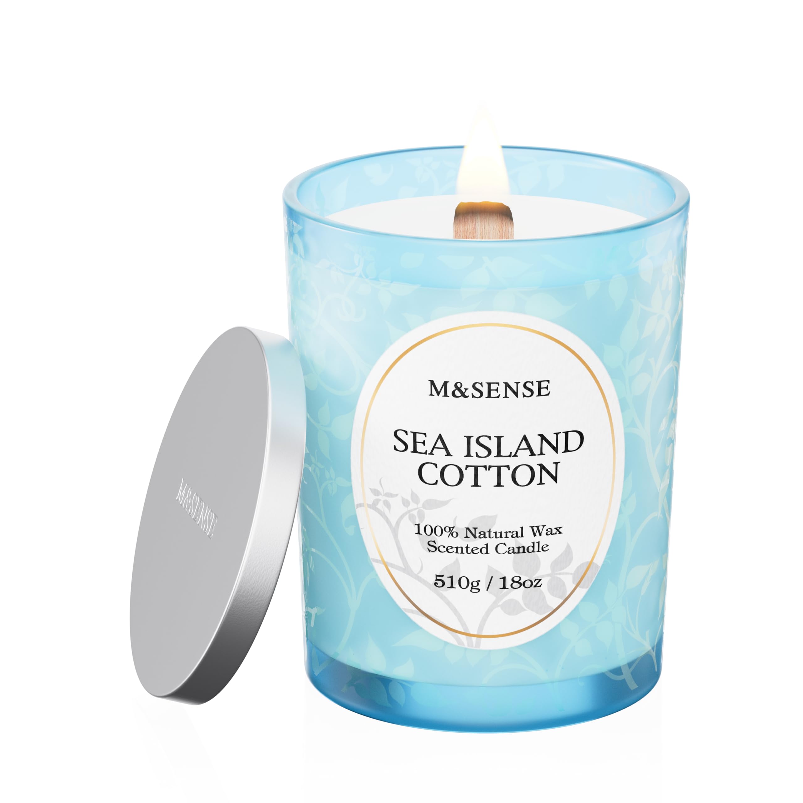 M&SENSE 510g Scented Candle, Lemon Musk Scent, Wooden Wick Candle, Crackling Candles, 100h Long Burning Large Candles