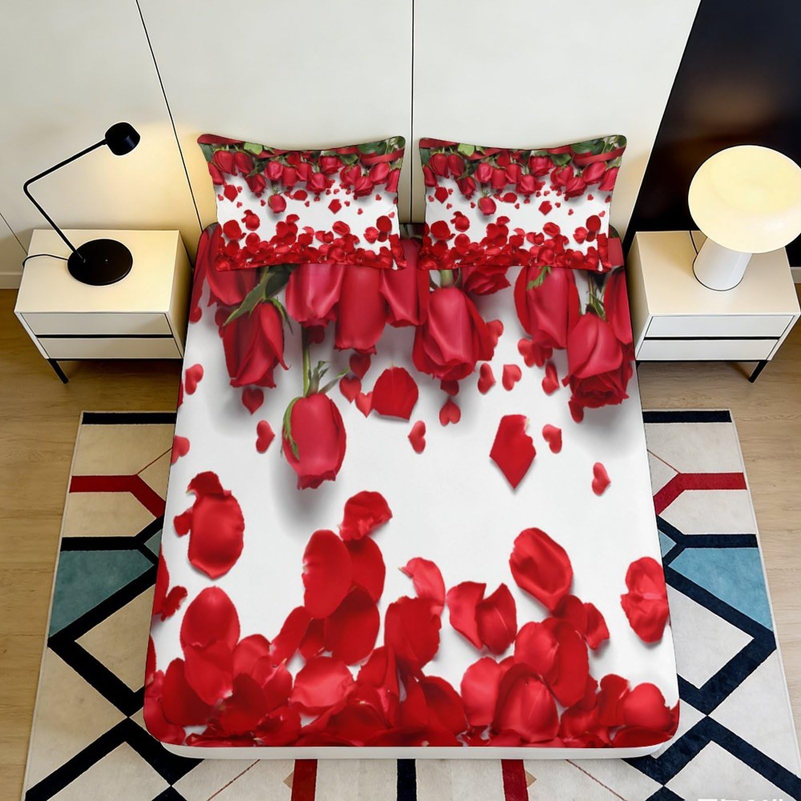 Uxinyoume Style-7 3D Printed Red Rose Petals Fitted Sheet Microfiber Soft Bed Cover For Bedroom Guest Room Dorm Mattress Protection Decor 90X200x25cm