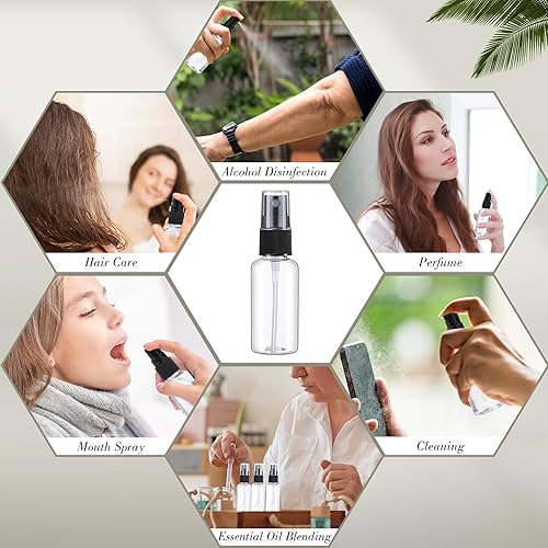 Miniatura 6 de 100 mini botellas de aerosol transparentes de 1 onza, botella de viaje vacía de plástico de niebla fina con 5 embudos, recipientes de viaje líquidos