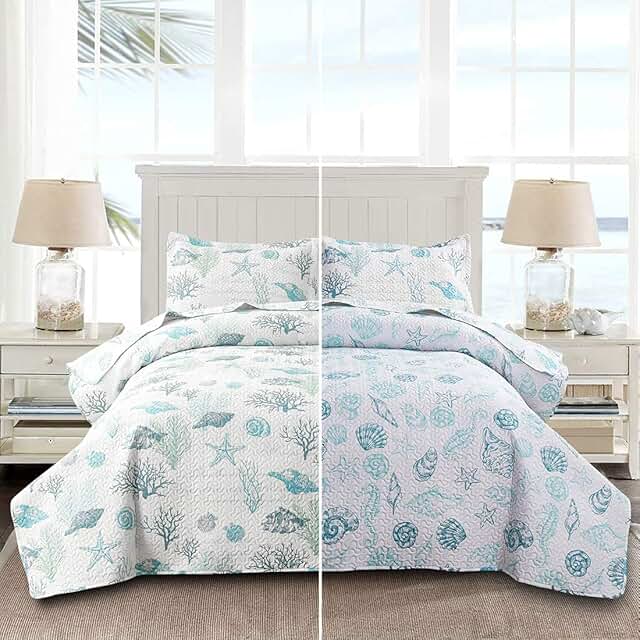 Oliven Reversible Coastal Beach Theme Quilt Set Queen/Full Size Ocean Co...