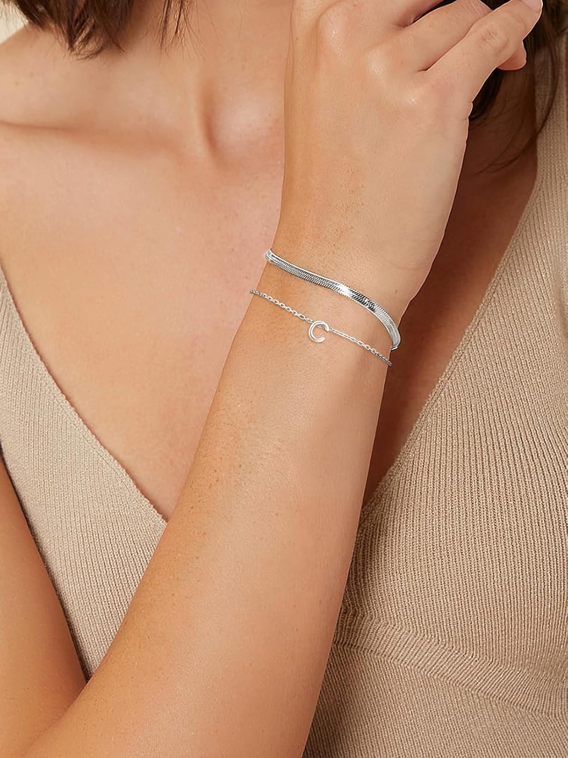 Silvora S925 Sterling Silver Initial Letter Bracelet - A to Z, 6.3" + 2" Adjustable Personalized 26 Alphabet Jewelry Initial Bracelet for Women - Image 6