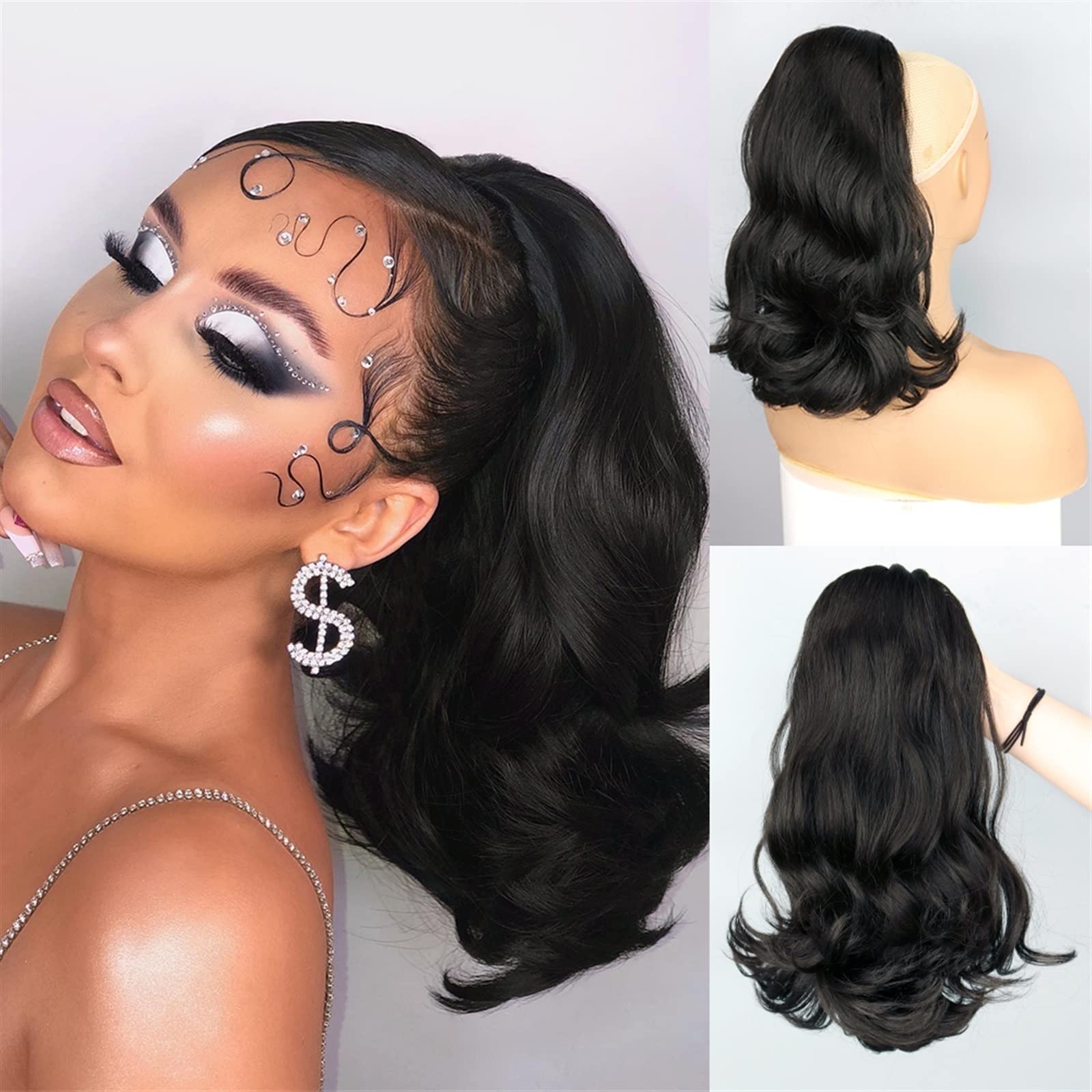 Haarverlängerungen 18 Zoll Synthetisch Lang Lockig Wellig Mit Kordelzug Dutt Perücke Pferdeschwanz Haarverlängerungen Damen Haarschmuck Haarteile Für Frauen,1B-45cm