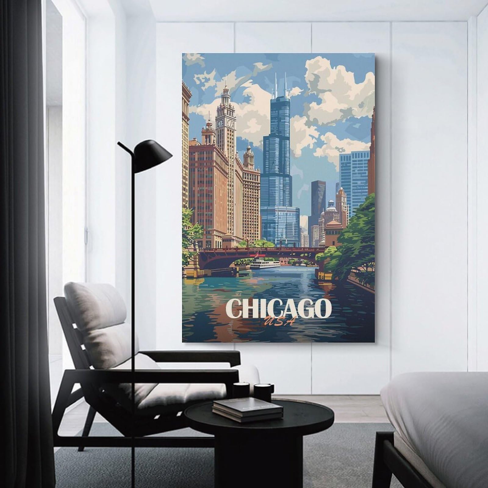 Junmoney Chicago Skyline (2) Home Decor Wall Art, 24x36inch(60x90cm), for Wall Displays, Bedrooms Or Room Updates, Ideal for Building A Coordinated Art Wall