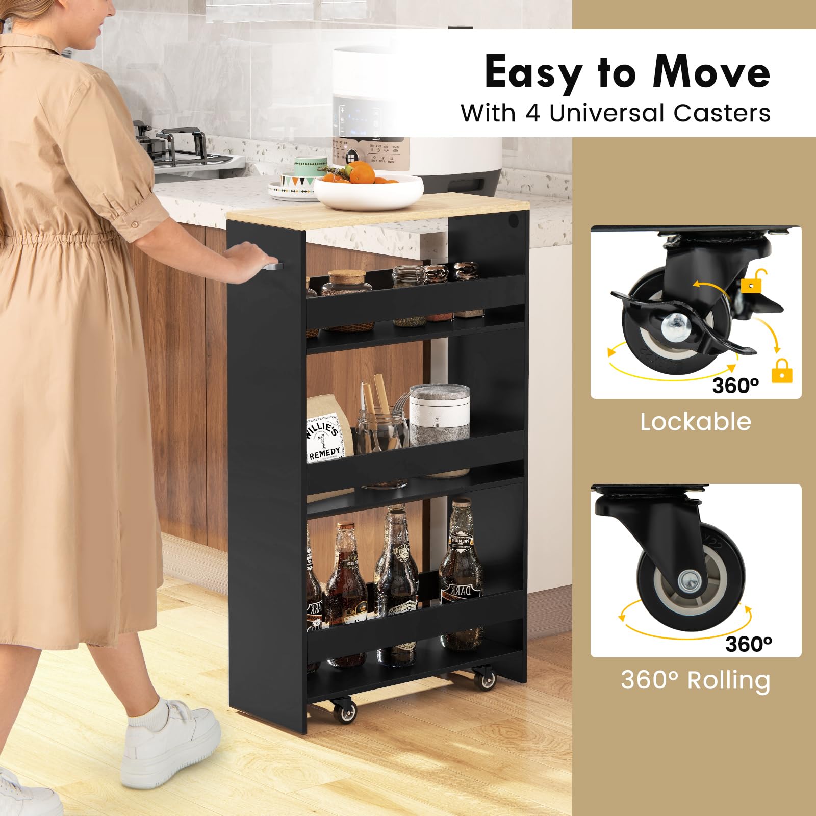 FANTASK Nischenregal 20 cm Breit, Nischenwagen auf Rollen 4 Etagen, Nischenschrank schmal mit Griff & Geländern, Rollregal Holz für Küche, Badezimmer, 47,5 x 20 x 80,5 cm (Schwarz)