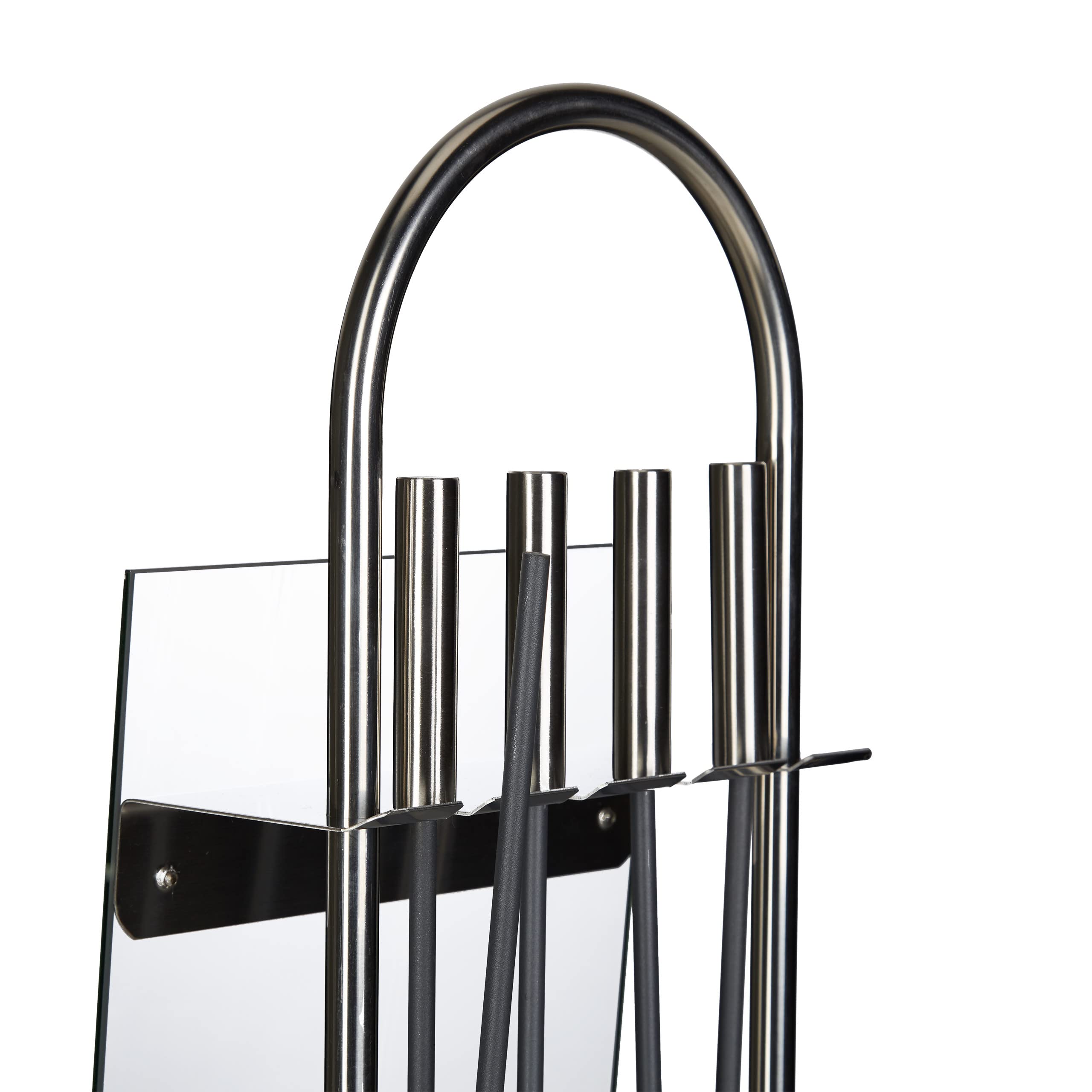 Relaxdays Accessori Camino, Set 5 Accessori Porta Attrezzi, Paletta, Pinza, Scopetta Attizzatoio Vetro e Acciaio Argento