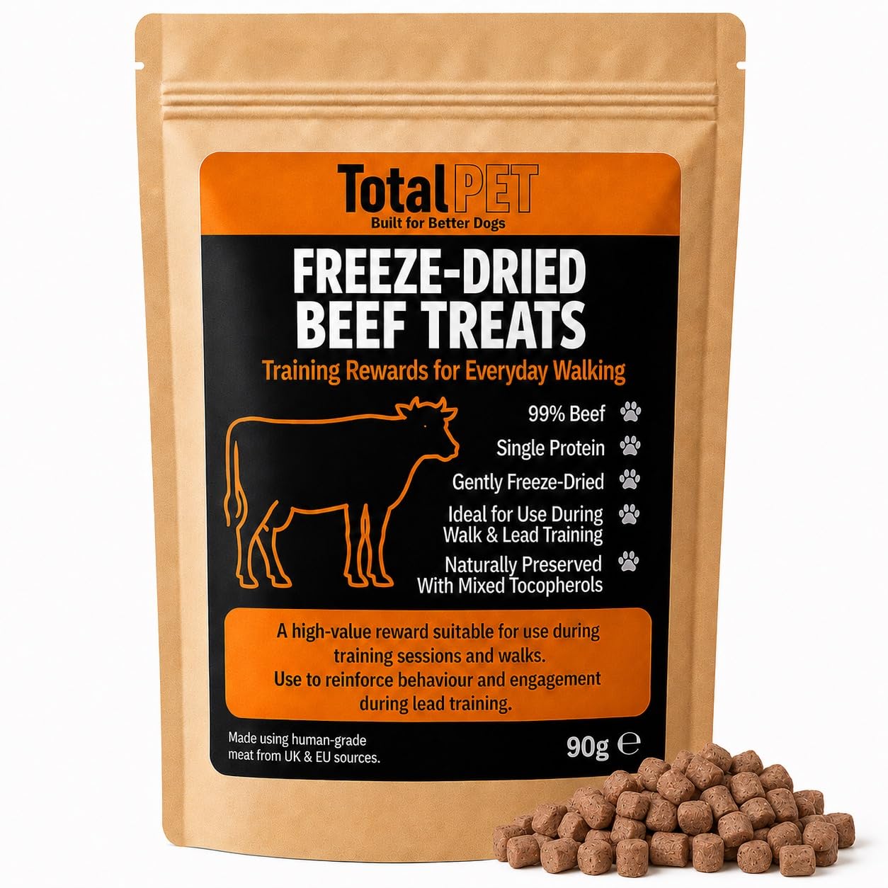 Total Pet Freeze-Dried Beef Dog Treats for Training & Rewards | Single Protein Dog Treats | High Value Recall & Obedience Training Treats | 99% Beef | 90g