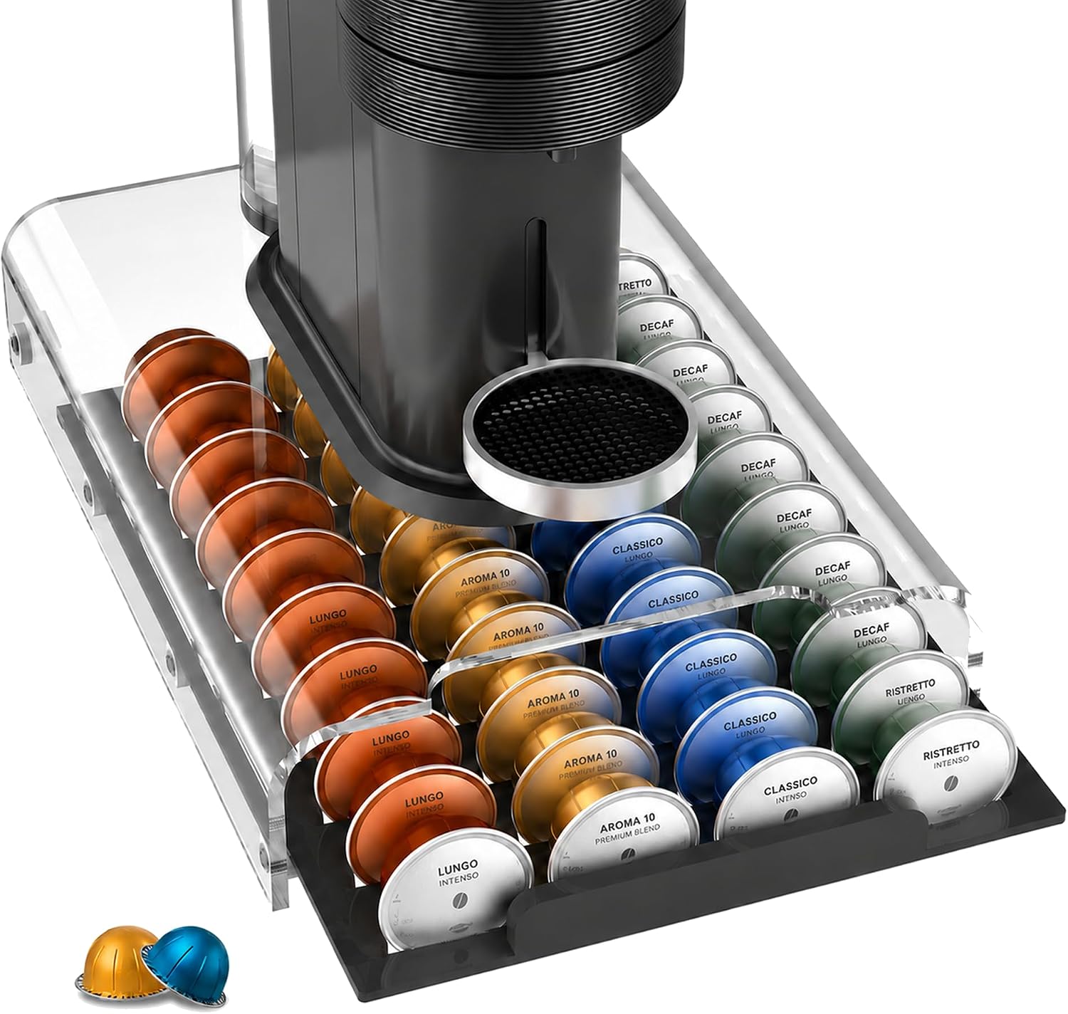 Upgraded Coffee Pod Holder for Nespresso Vertuo Pods,Clear Acrylic Coffee Pod Drawer Organizer with 40 Pods Capacity,Smooth Gliding Roller & Heavy Duty 48lbs