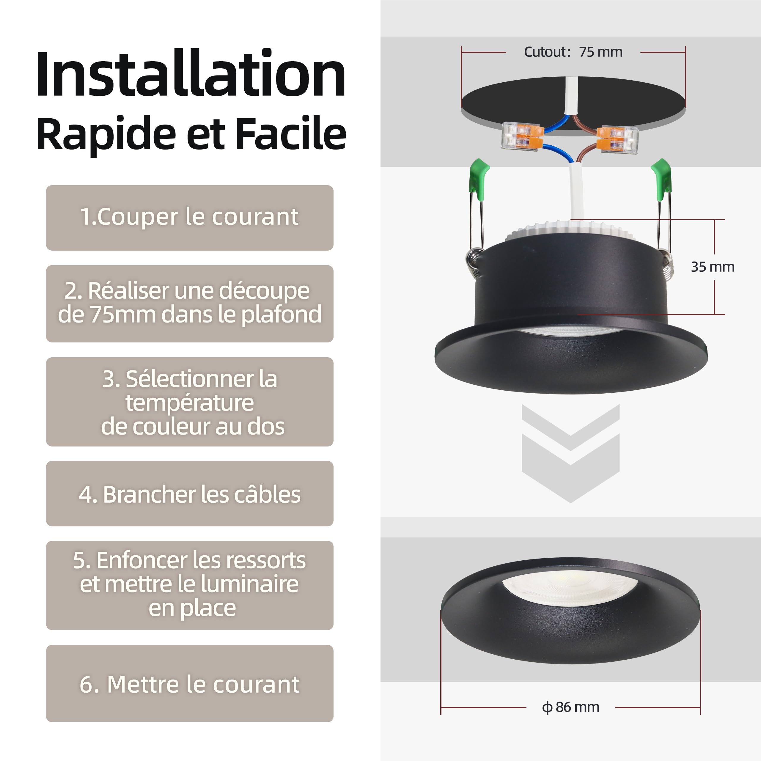 Spot Led Encastrable Dimmable, Spot Salle de Bain IP44, 5W 550LM Spots de Plafond en Aluminum, Blanc Chaud/Blanc Neutre/Blanc Froid Réglable, Trou Ø75mm IRC90+, Lot de 3