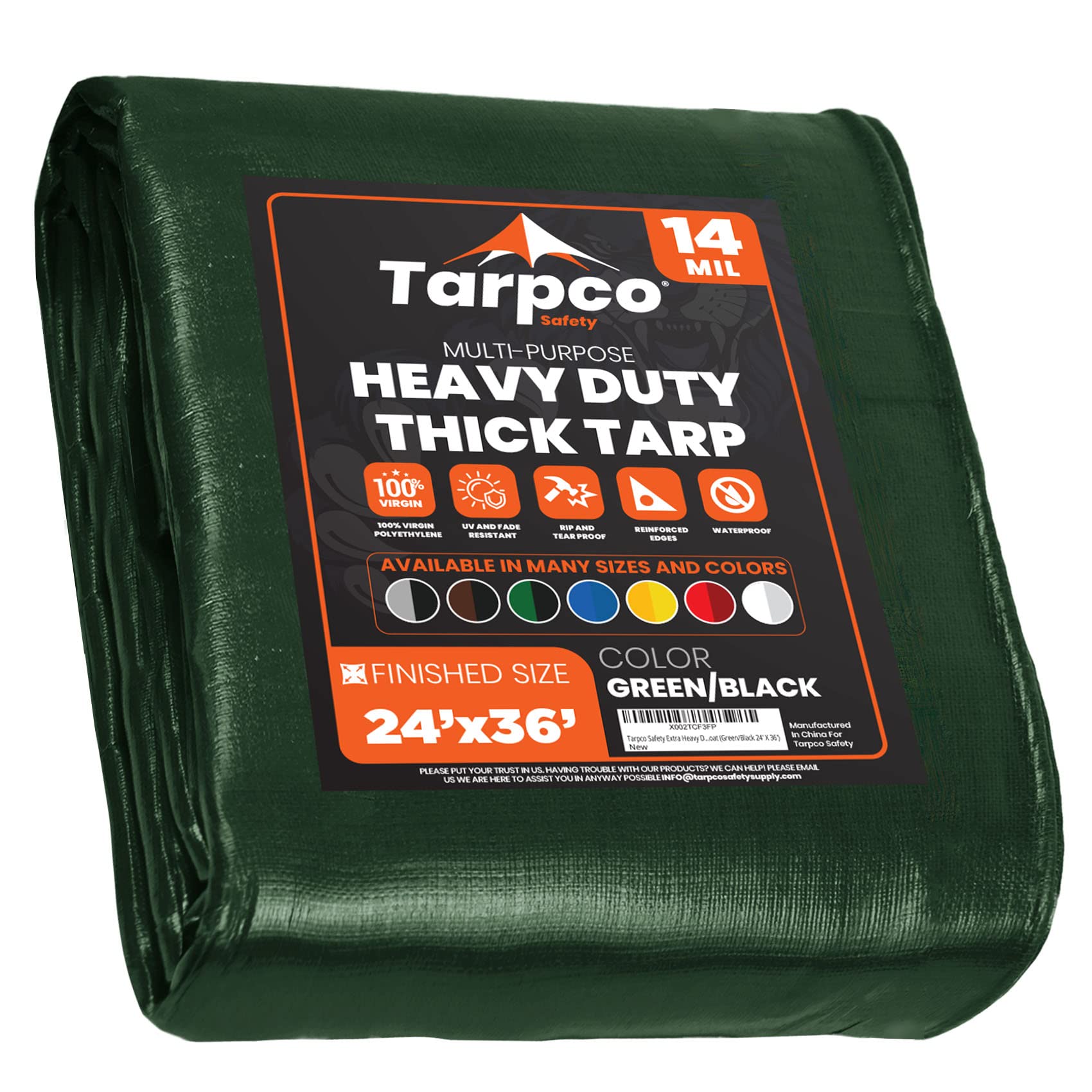 Tarpco Safety Extra Heavy Duty 14 Mil Tarp Cover, Waterproof, UV Resistant, Rip and Tear Proof, Poly Tarpaulin with Reinforced Edges for Roof, Camping