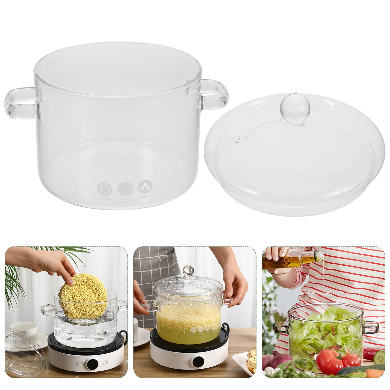 2 Stück Glas Suppentopf mit Deckel und Doppelgriffen 1900ml Hitzebeständig Glatte Oberfläche zum Kochen von Suppe und Nudeln im Alltag