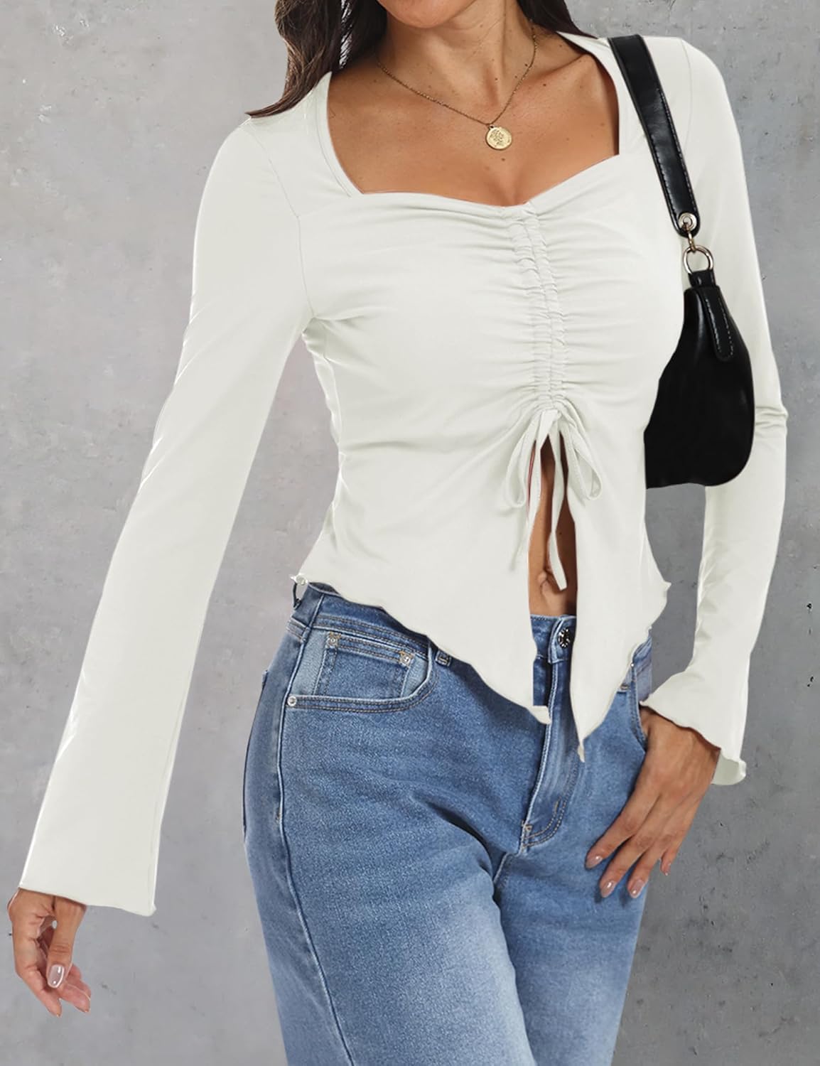 AIMCOO Women's Long Bell Sleeve Tops Tie Front Crop Top 2025 Sexy Y2K Sweetheart Neck Going Out T Shirts Tees - Image 3