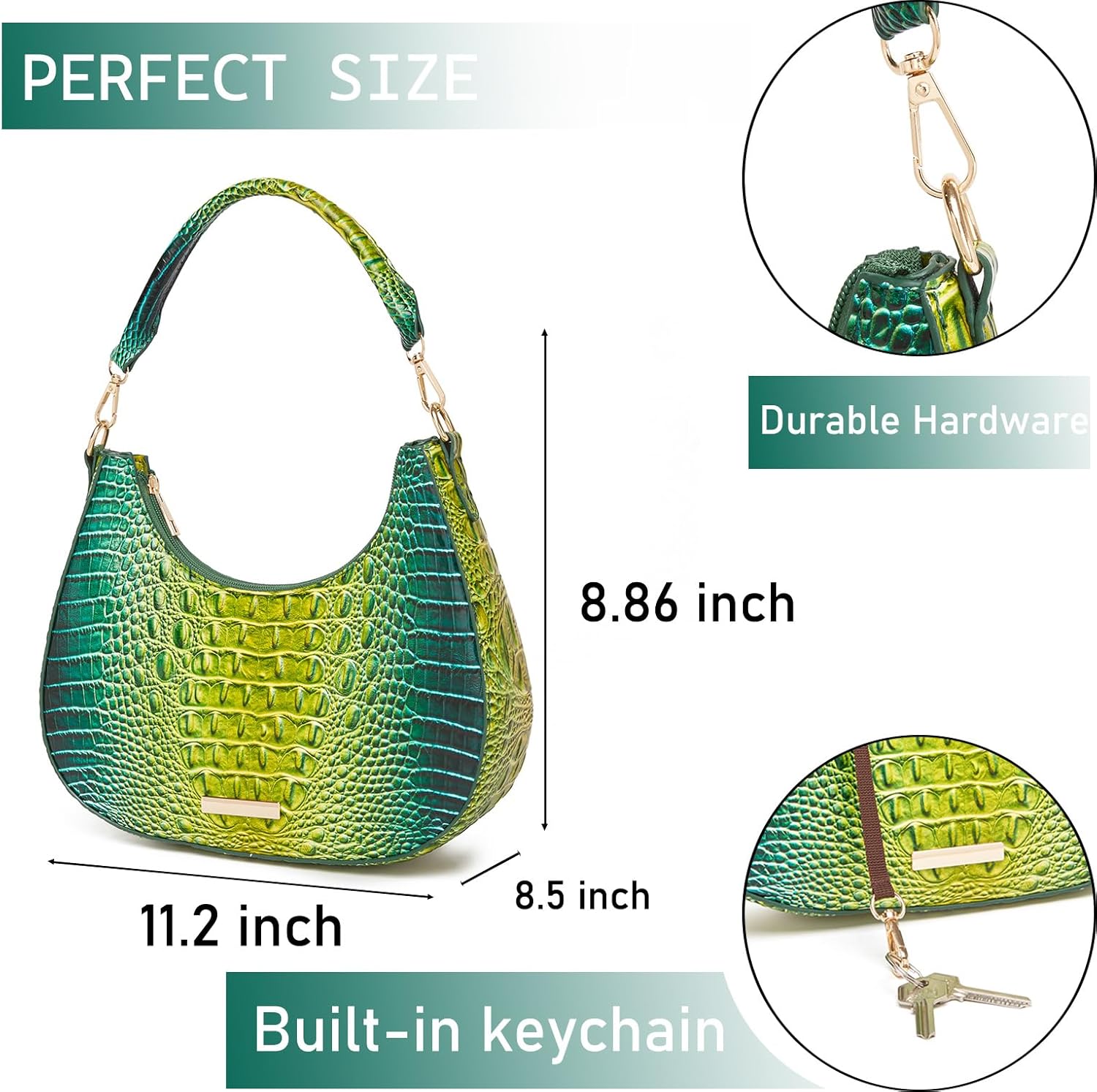 Crocodile Hobo Bag for Women,Vintage Crescent Shoulder Purse in Vegan Leather, Soft Chic Clutch Handbag for Daily Outfits