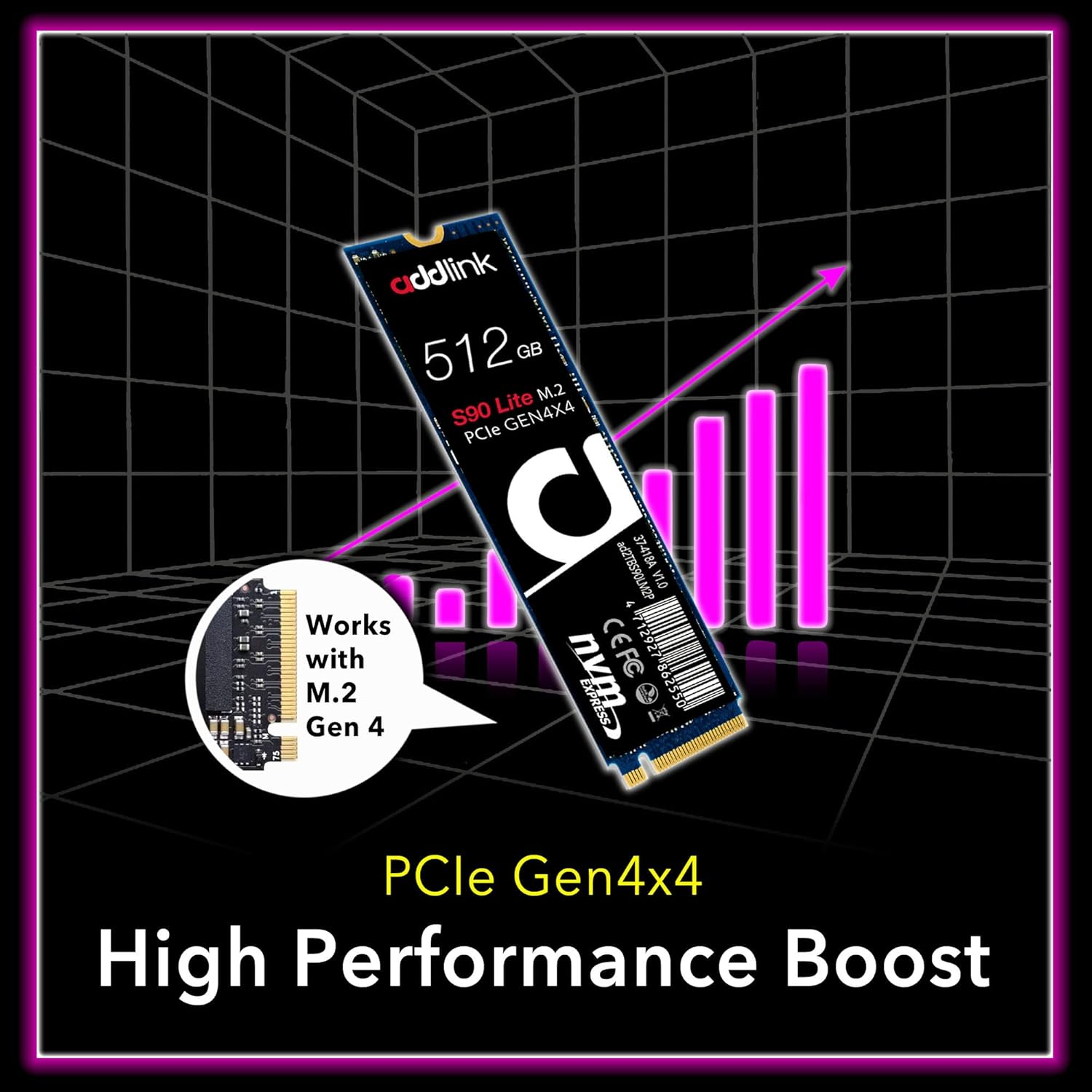 Addlink S90 Lite 512GB NVMe 4.0 Gen4 PCIe M.2 3D NAND Internal Gaming SSD - Read Speed up to 5000 MB/s (ad512GBS90LTM2P)