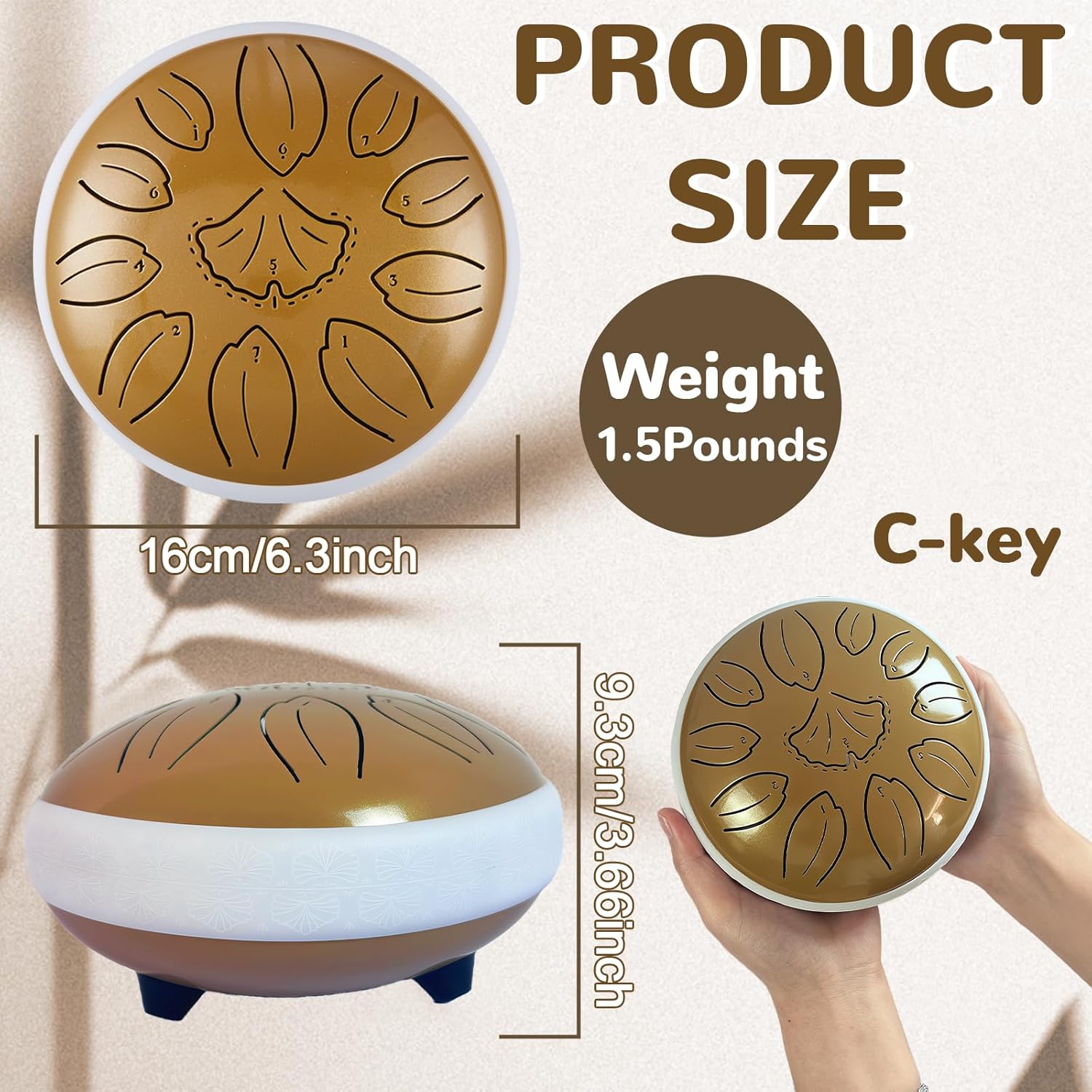 TUOKING Rain Drum for Outside Steel Tongue Drum 6 Inch 11 Notes C Key Handpan Drum for Adults and Beginners Sound Healing Musical Instrument for Meditation, Yoga, Music Lovers(Gold)