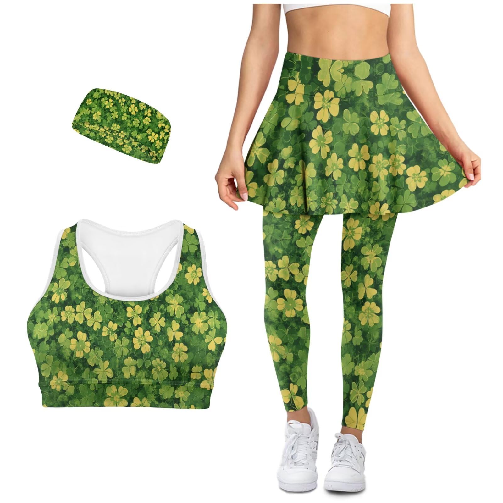 Skirted Leggings for Women 3 Pieces Yoga Sets Plus Size Sports Bra with Back Pocket Elastic Headband