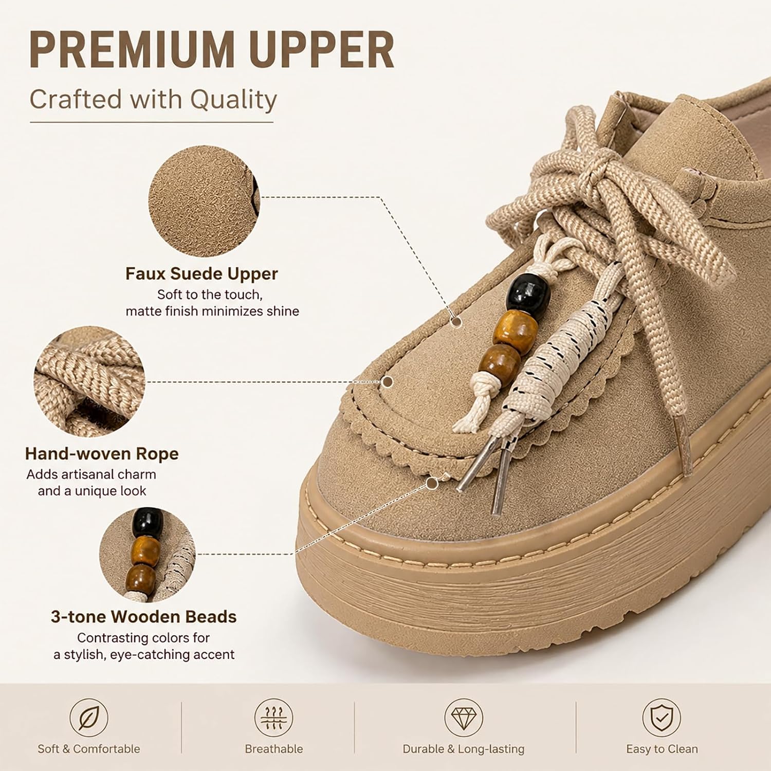 Women's Retro Suede Platform Loafers with Lace-Up Design Beaded Comfortable Round Toe Chunky Platform Light Daily Casual Work Moccasins Walking Shoes