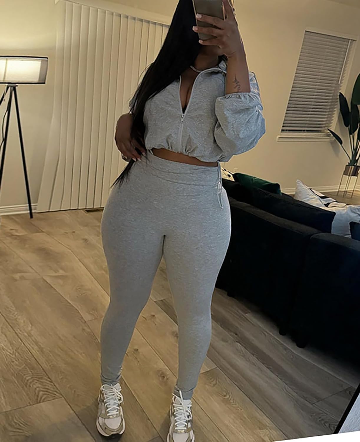 Ophestin Women 2 Piece Outfits Workout Sets Long Sleeve Zip Up Crop Jacket Bodycon Pant Tracksuit Jogging Suit - Image 3