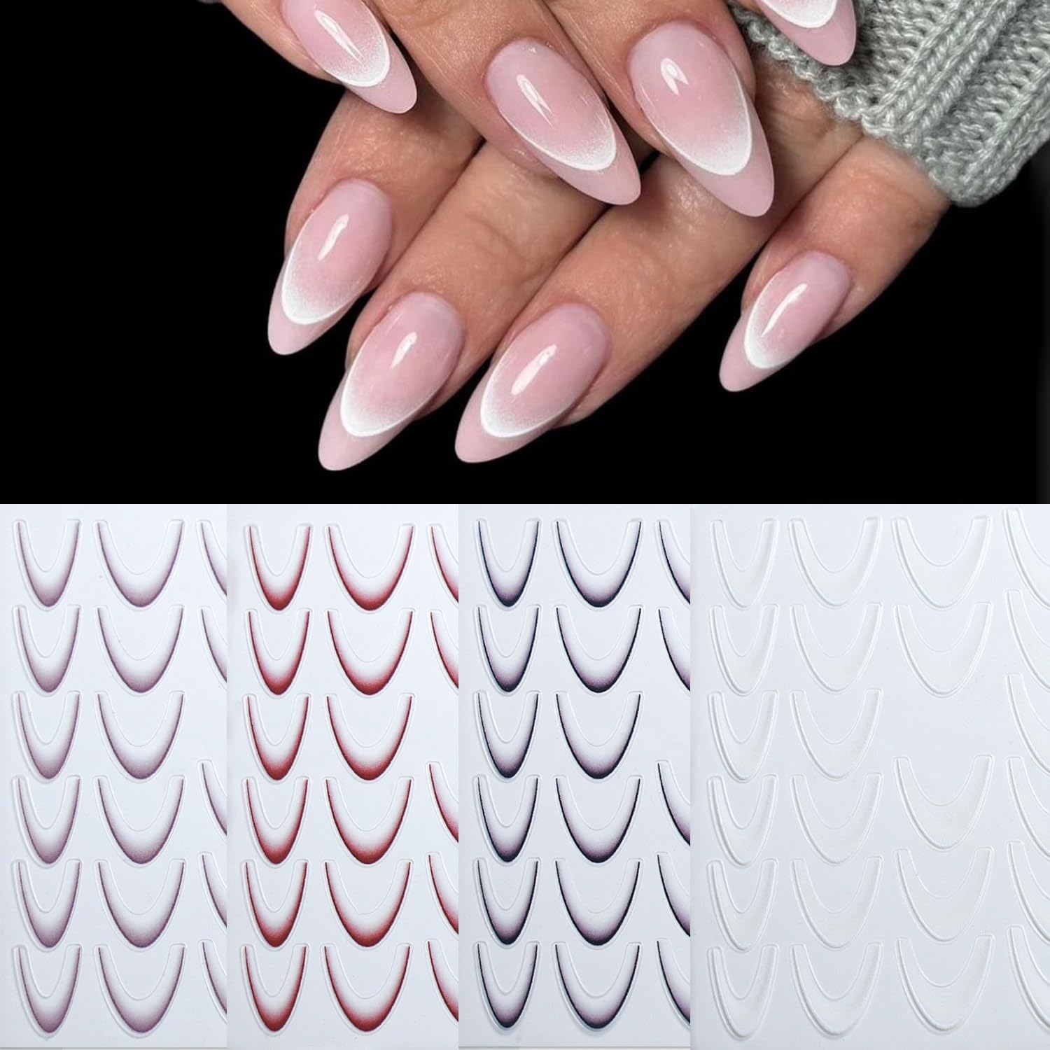S.A.V.I 4 Sheets Gradient Ombre French Manicure Nail Art Stickers – Self-Adhesive V-Tip Design for DIY Nails – Multi-Color White Black Red Lavender – Easy Peel & Apply, 9x7 cm-image-37