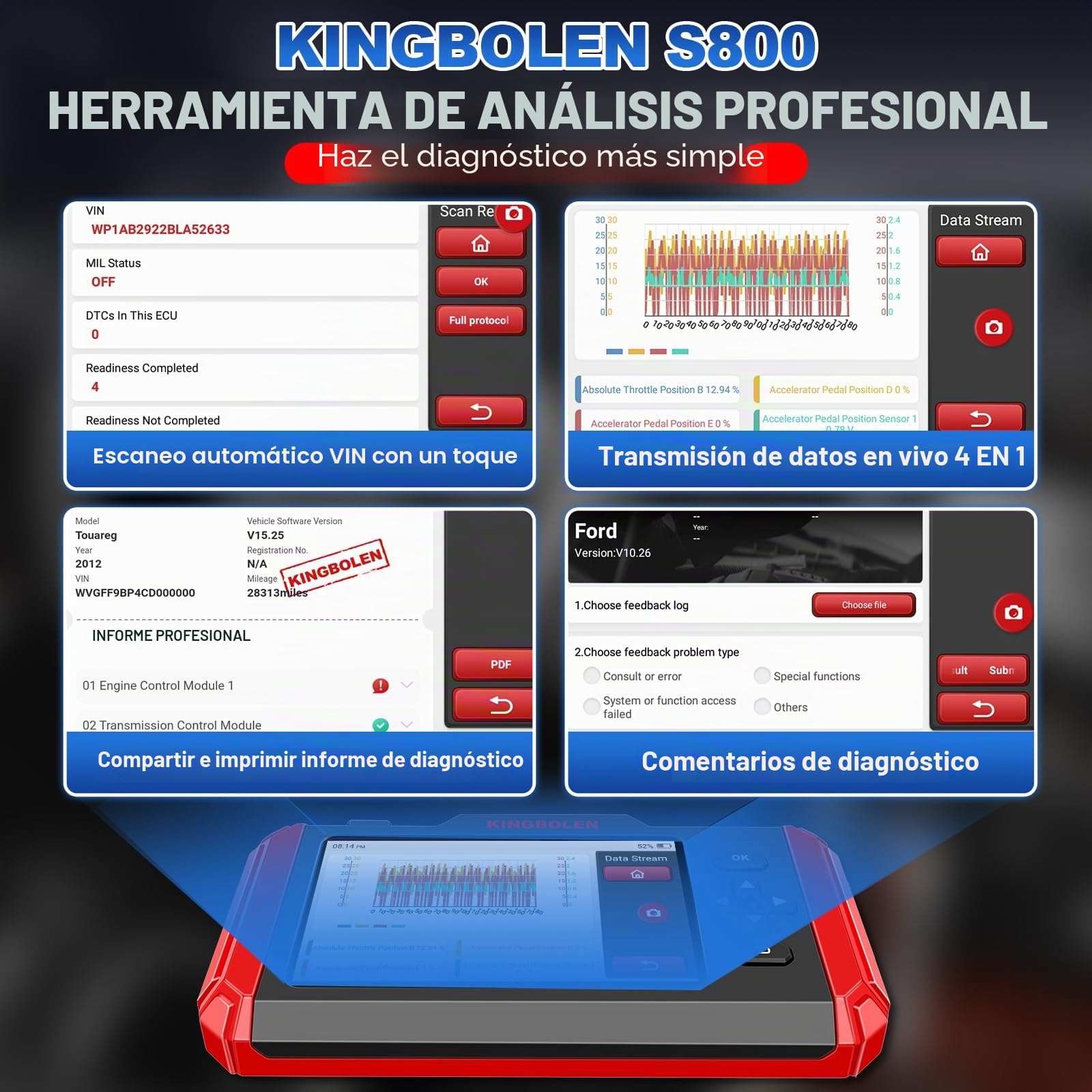 KINGBOLEN Escáner OBD2 S800 Escáner de Coche, Herramienta de Diagnóstico OBD2 con 15 Reinicios, Servicio de Aceite, Freno y Acelerador, Lector de Códigos de Motor, ABS, SRS y Transmisión, Prueba de