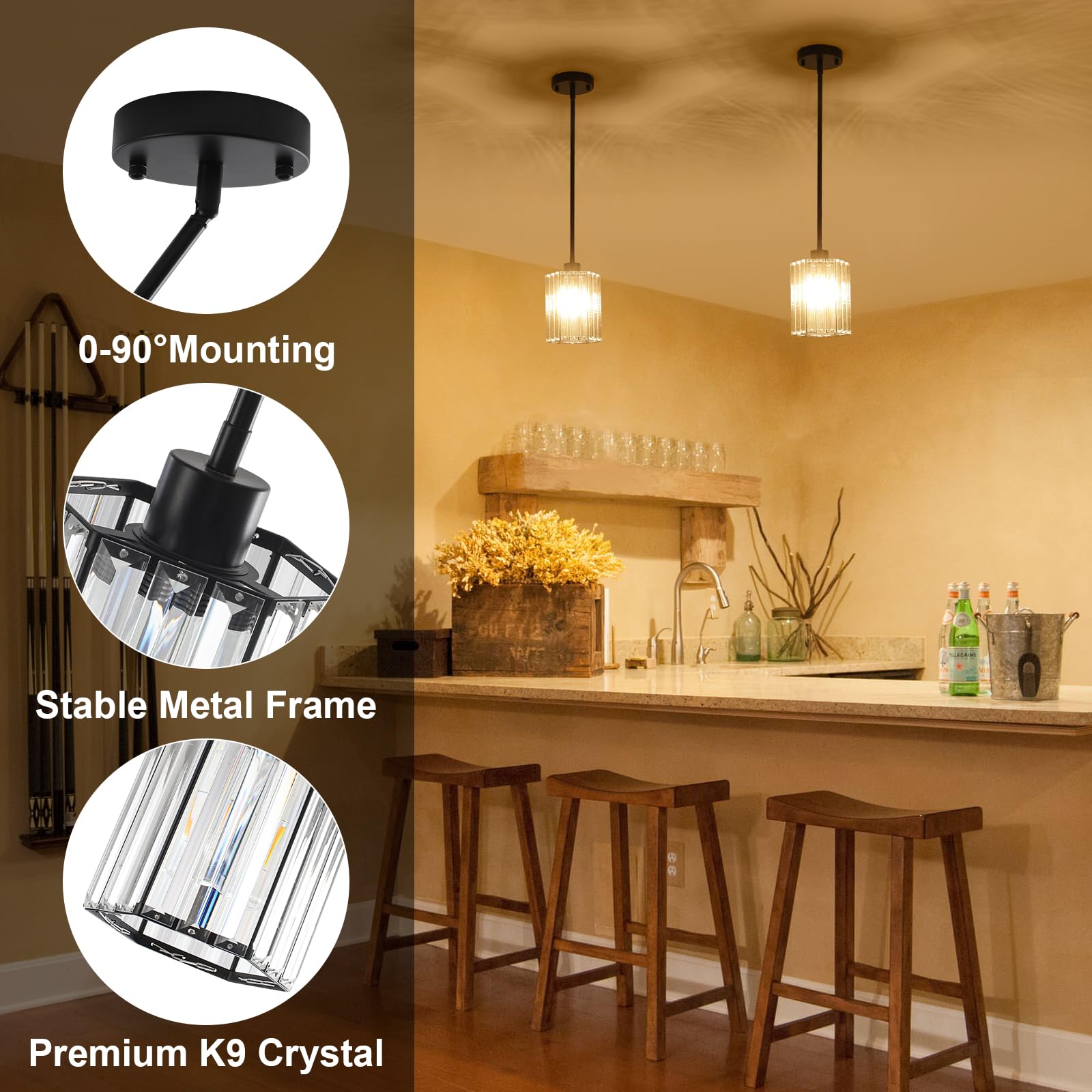 GZJunYo Black Pendant Lights, 3 Pack Crystal Pendant Lights