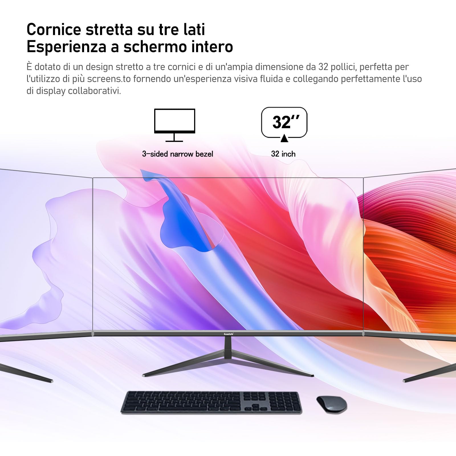 Gawfolk Monitor per computer 32 pollici 4K UHD, schermo ultra chiaro (3840×2160p), 100% sRGB, angolo di visione di 178 °, HDMI, porta display, compatibile con montaggio a parete 100 * 100 mm - nero