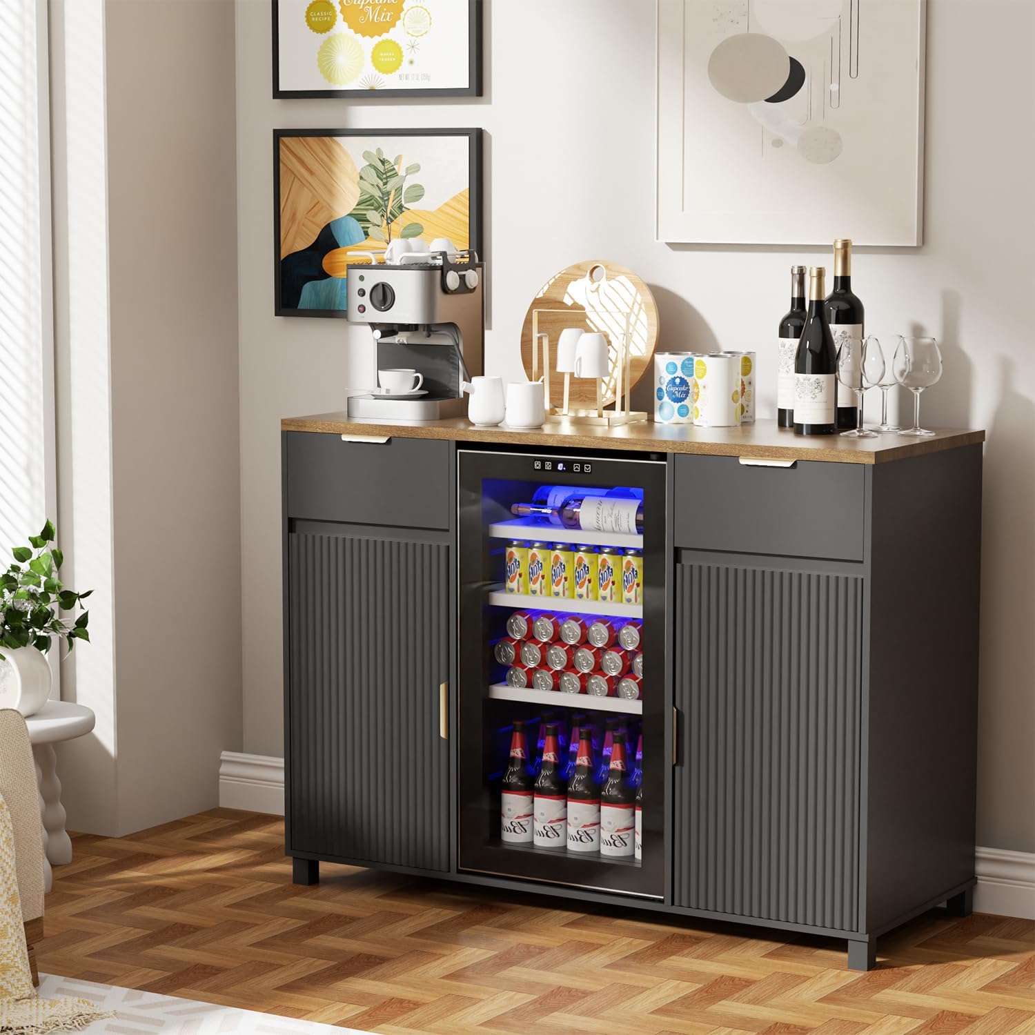 Coffee Bar Cabinet with Fridge Space, Wine Bar Cabinet with Power Outlet, Mini Fridge Cabinet with Fluted Door for Dining Room, Living Room, Kitchen