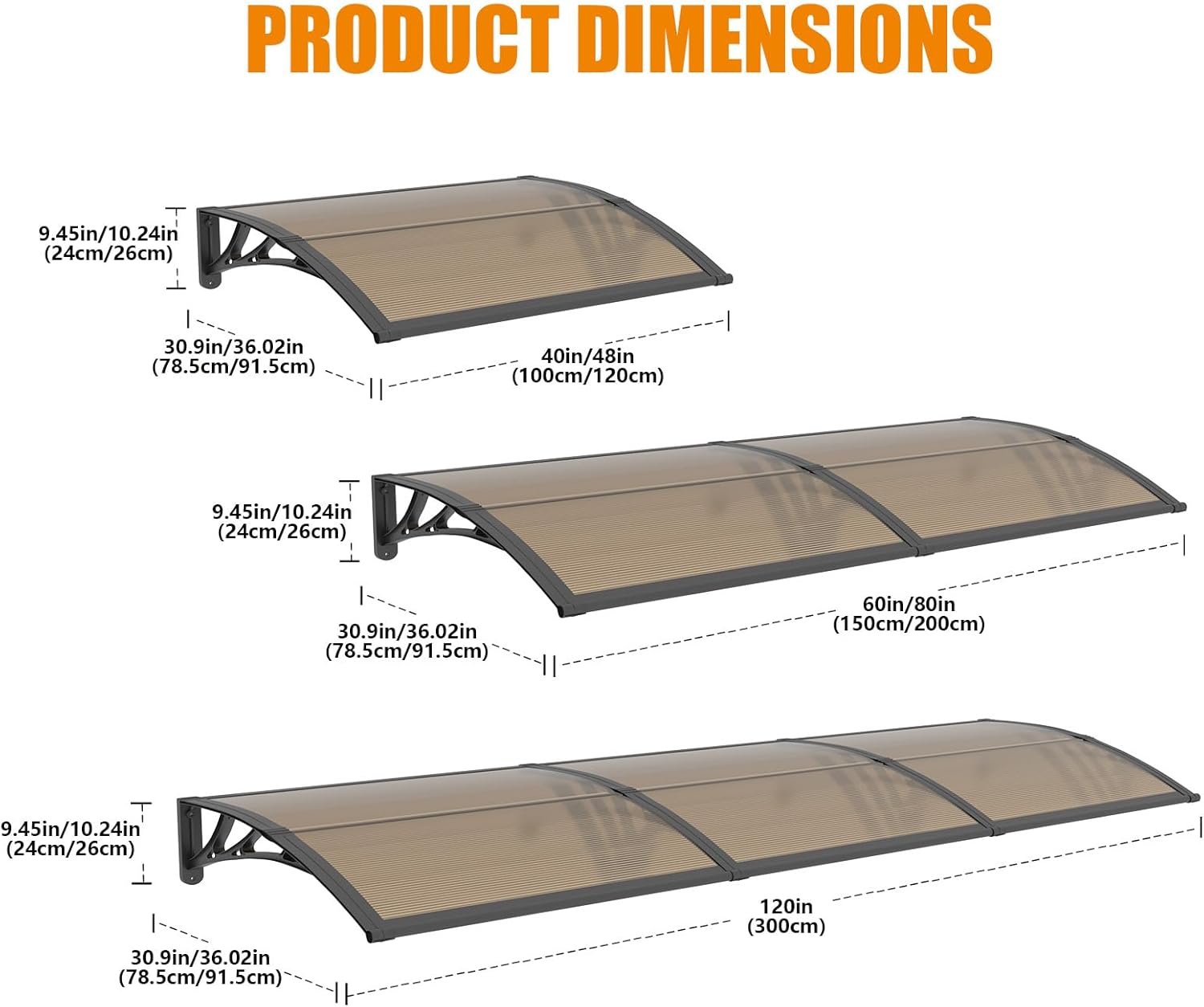 Window Awning Door Canopy 40"x120", Awnings for Doors Polycarbonate Cover Patio Door Awning UV Rain Snow Sunlight Protection Hollow Sheet, Black Bracket & Brown Board