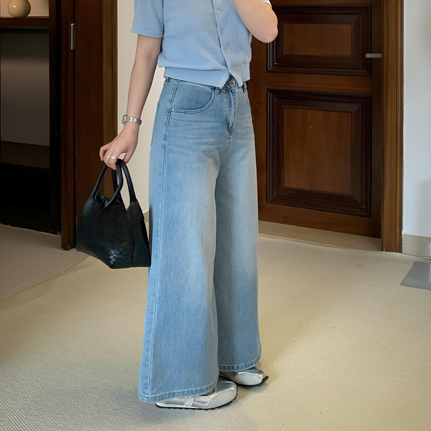 [mocoly] ワイドデニムパンツ 薄手 春夏用デニムパンツ 淡ブルー 高腰&times;直線シルエット 脚形補正 軽やか着心地 デート/旅行