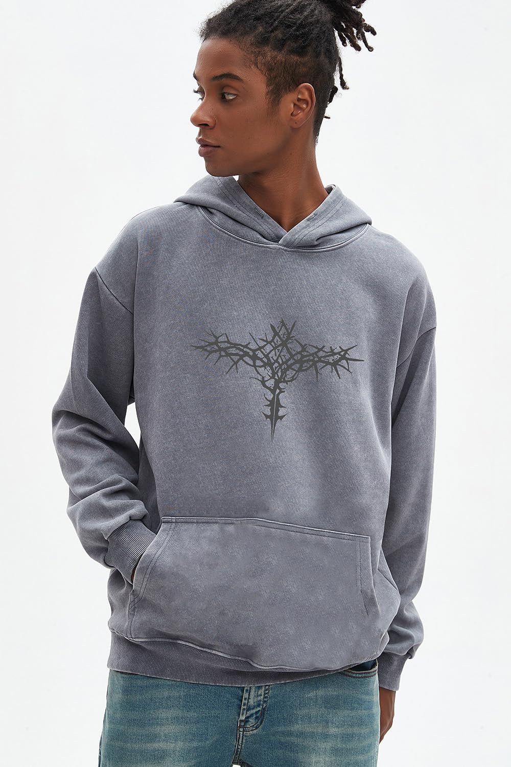 Dynict Unisex Y2K Aicd Wash Gothic Graphic Hoodies Oversize Grunge Skull Wing Print Sweatshirt Casual Fit Pullover