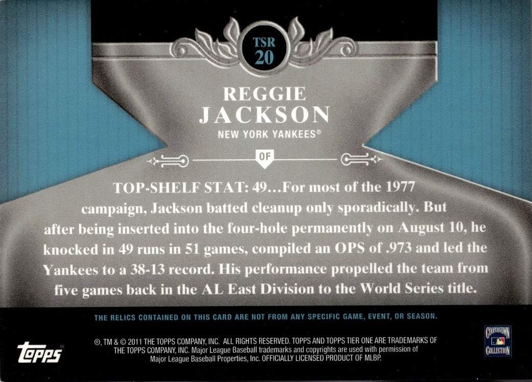 2011 Topps Tier One Top Shelf Relics #TSR20 Reggie Jackson Game Worn Yankees Jersey Baseball Card - Only 399 made!