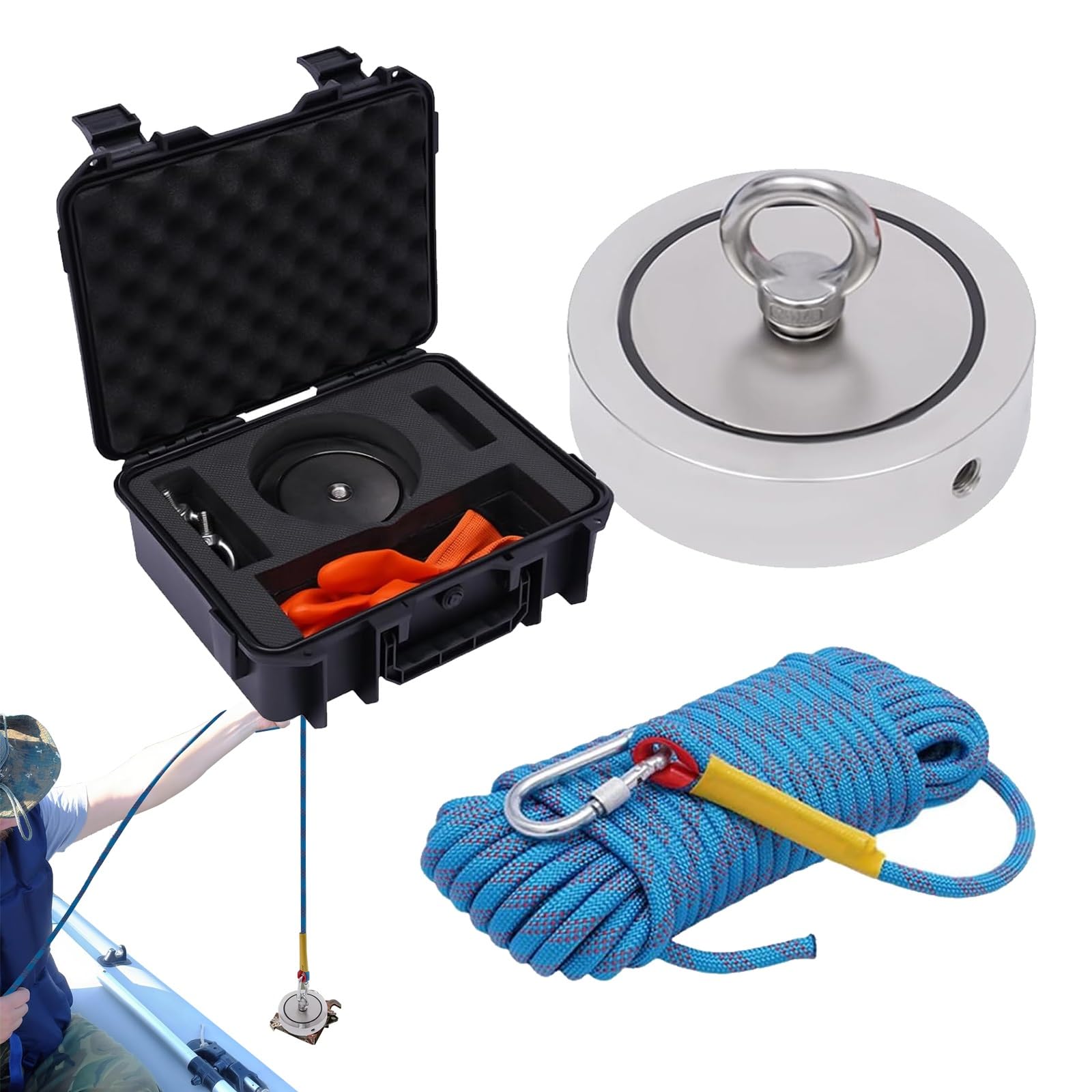 Kit da Pesca Magnetica, magneti bifacciali con Forza di trazione di 3000 libbre, Corda da 66 Piedi, Include Custodia e Guanti per recuperare Oggetti dall'acqua