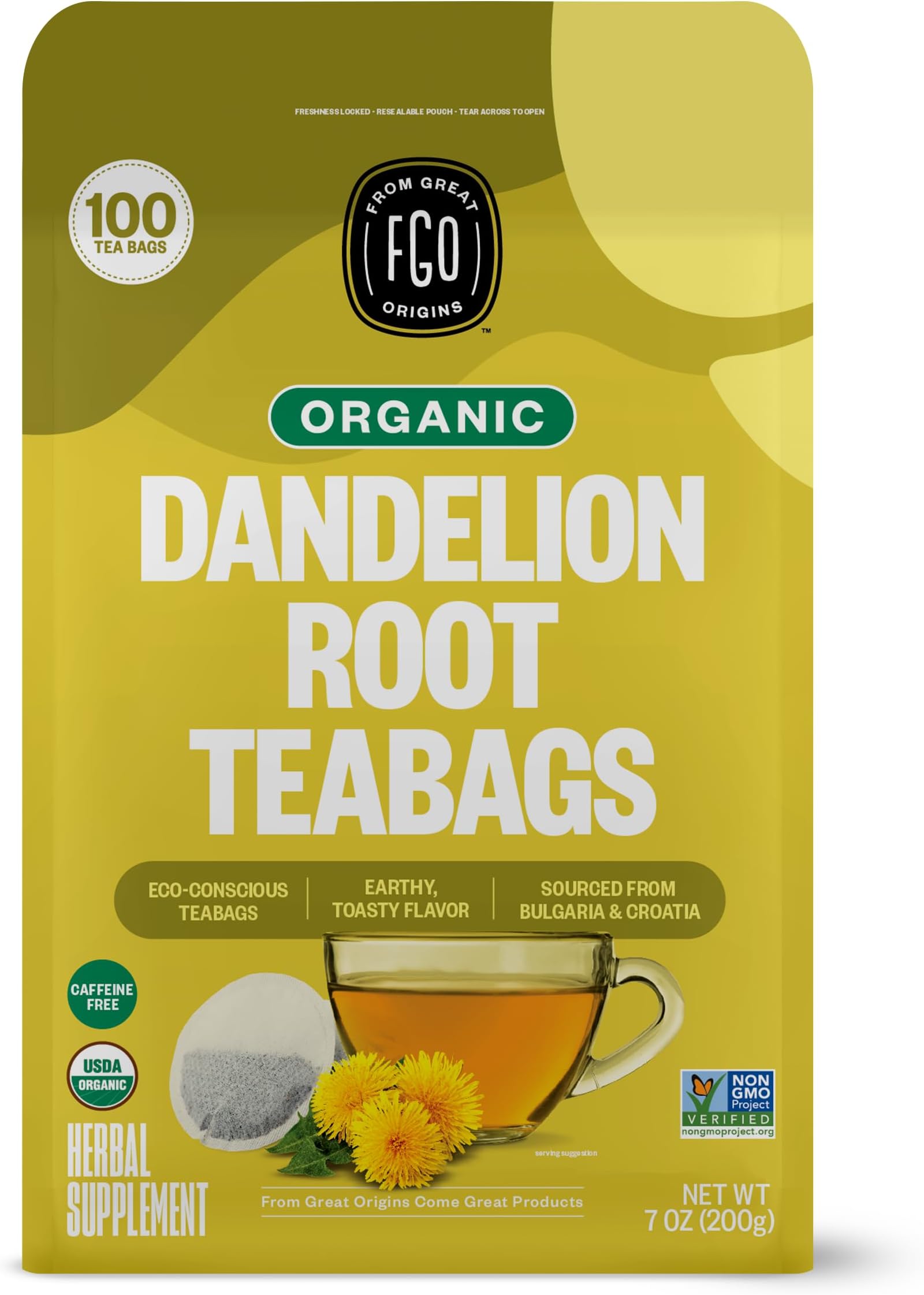 FGO Organic Roasted Dandelion Root Tea, 100 Count, Eco-Conscious Tea Bags, Resealable Bag, Caffeine Free, Packaging May Vary (Pack of 1)