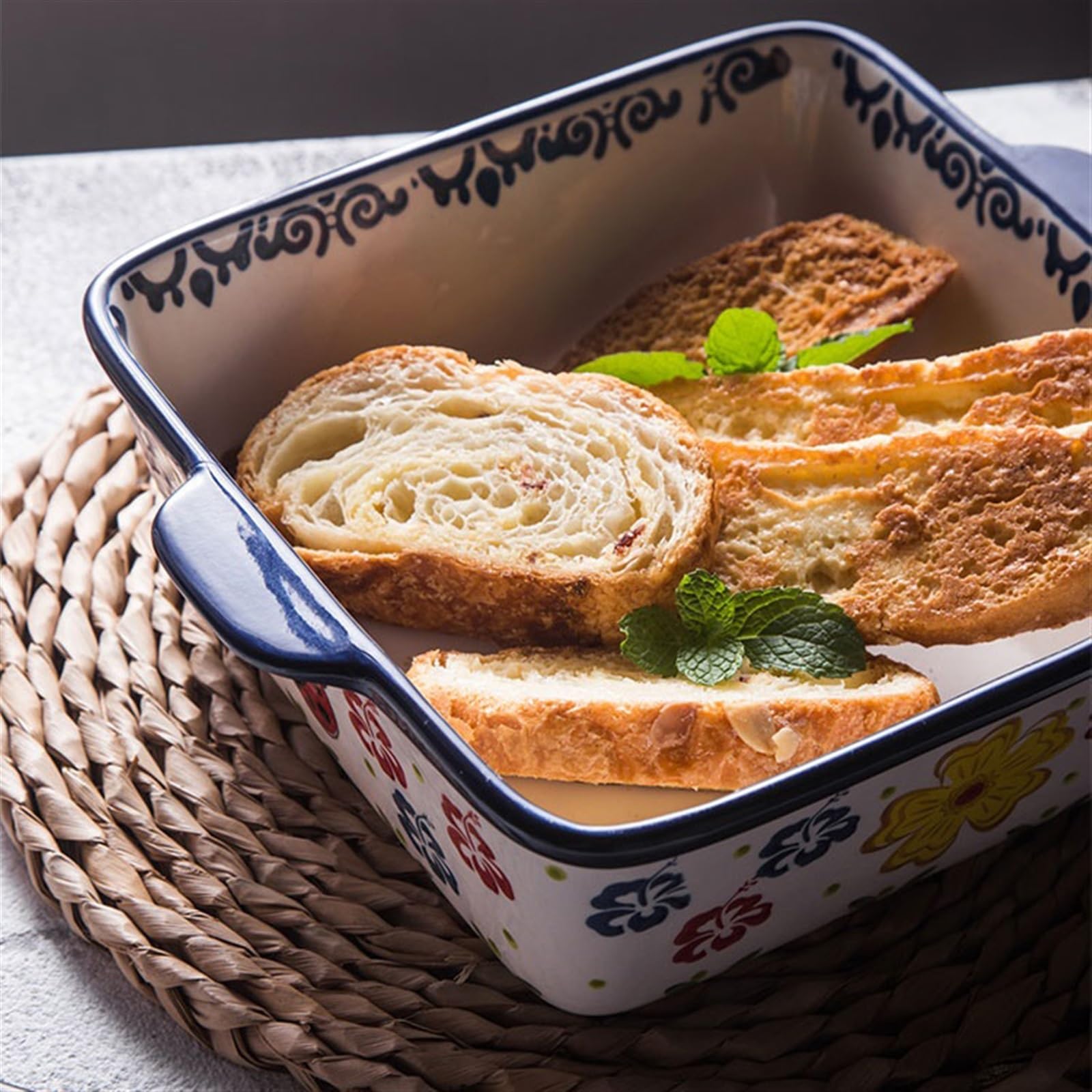 Teglie per forno Piatto da forno in ceramica rettangolare creativo Doppio orecchio Formaggio Piatto di riso al forno Forno da forno Ciotola for uso domestico Grande piatto da zuppa Piatto fondo Teglia