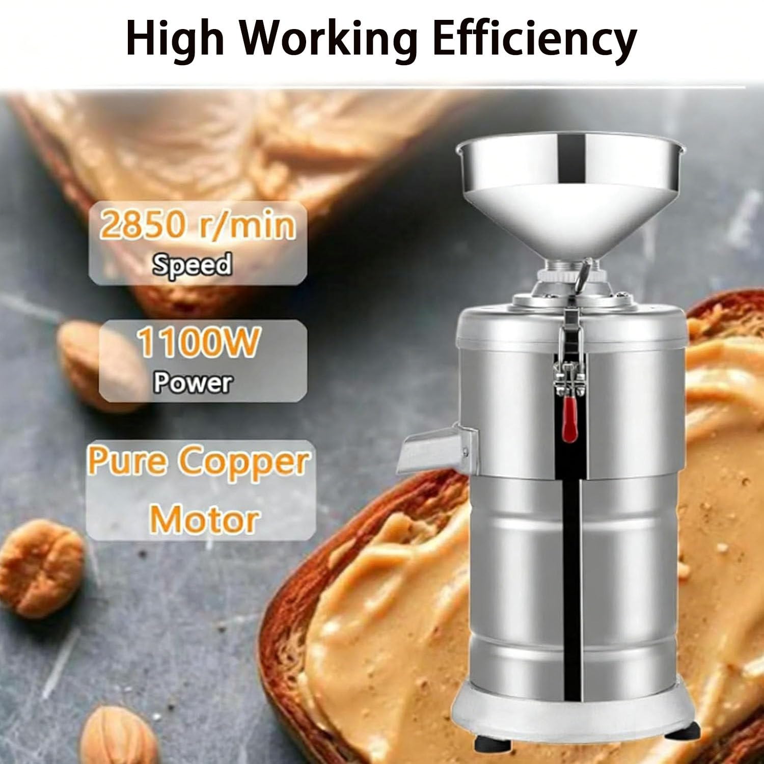 Molino de Acero Inoxidable para Mantequilla de Frutos Secos, Máquina Eléctrica 1100W con Rendimiento 15kg/h, Moler Café, Cereales, Cacahuetes
