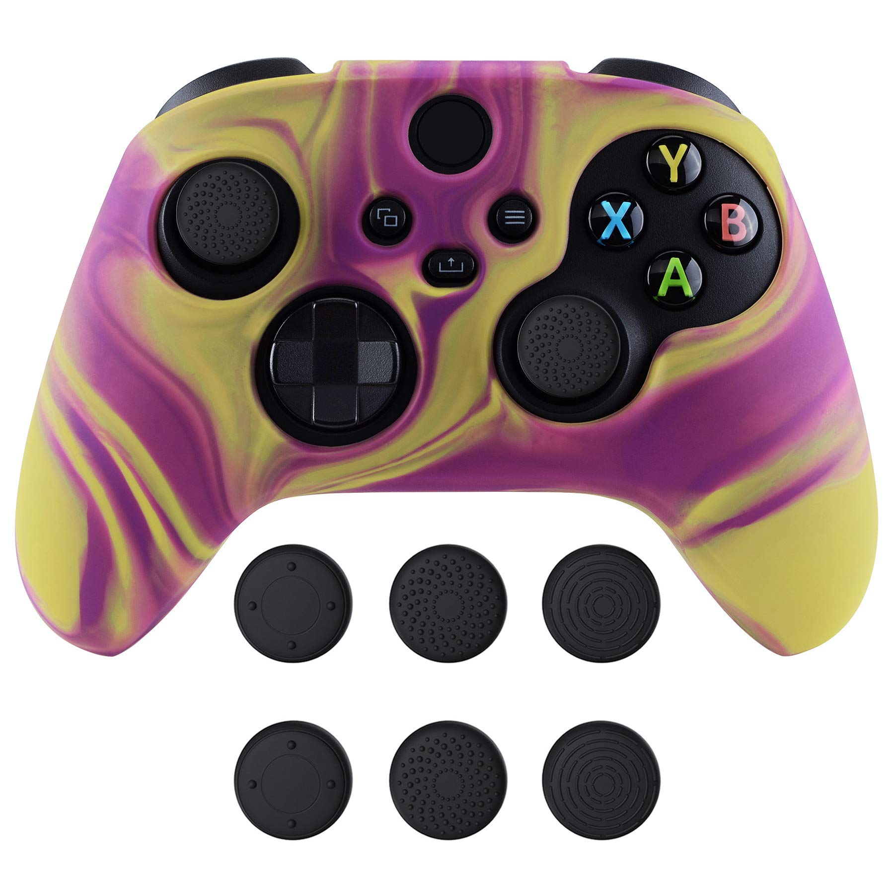 PlayVital Funda Camuflaje de Silicona para Xbox Series X Control Protector Antideslizante Cubierta con Tapas para el Pulgar Funda de Goma Suave Funda Piel para Xbox Series S Mando(Morado+Amarillo)