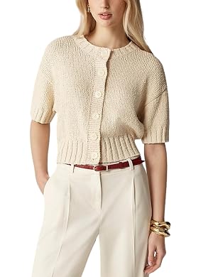 Womens 2025 Lightweight Cardigan Short Sleeve Knit Button Down Cropped Pullover Ribbled Sweater