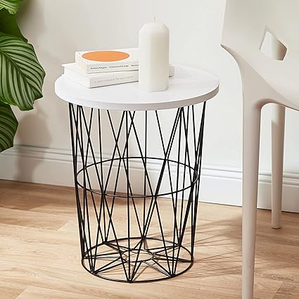 INDIAN DECOR 48259 Coffee Table/Round Metal Coffee Table, Sofa Table for Living Room, Height 42 cm, White Top - Black frame